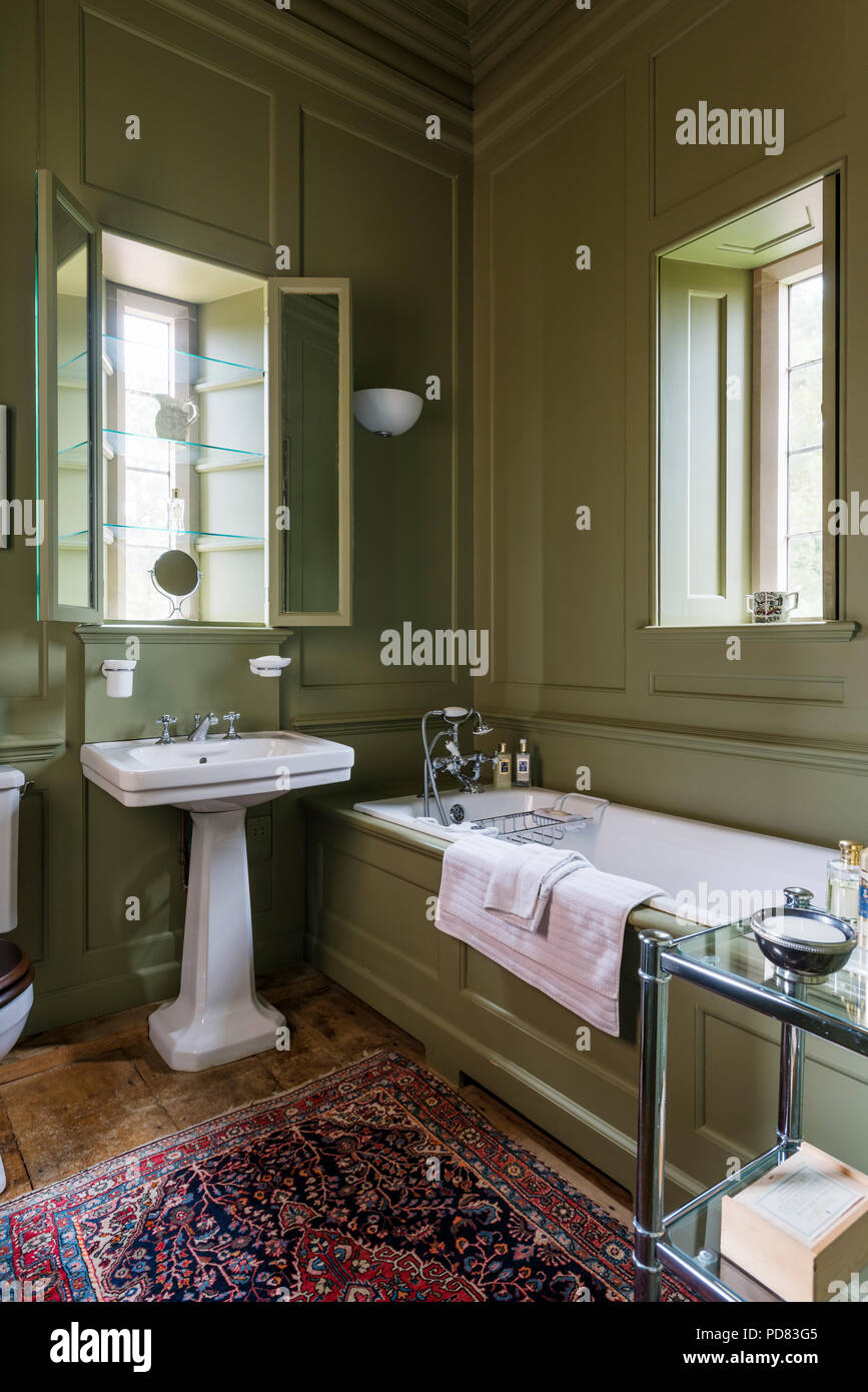 Olive green panelled bathroom with glass shelving in window alcove and antique rug Stock Photo