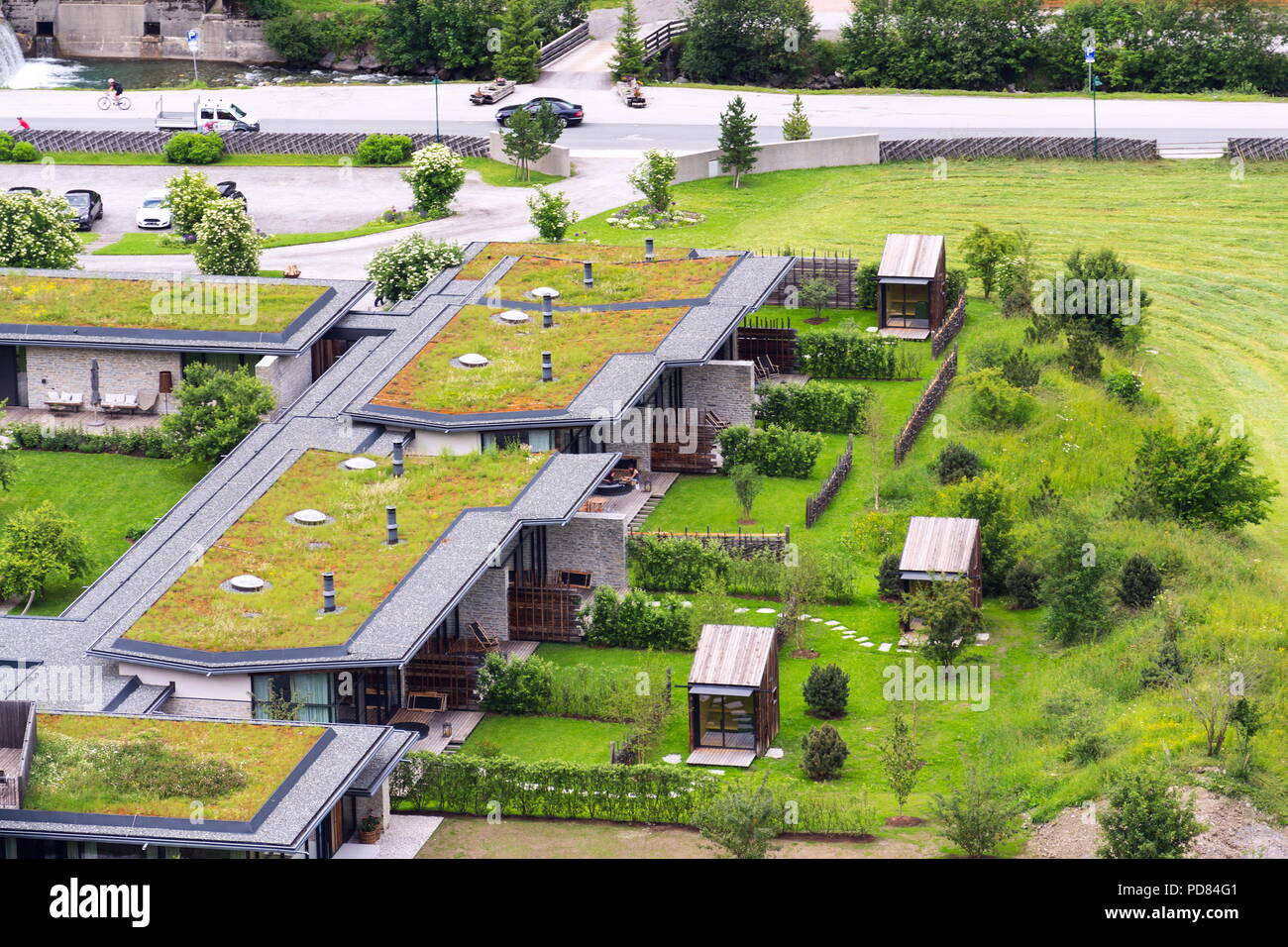 Aerial view of extensive green living sod roofs with vegetation Stock Photo