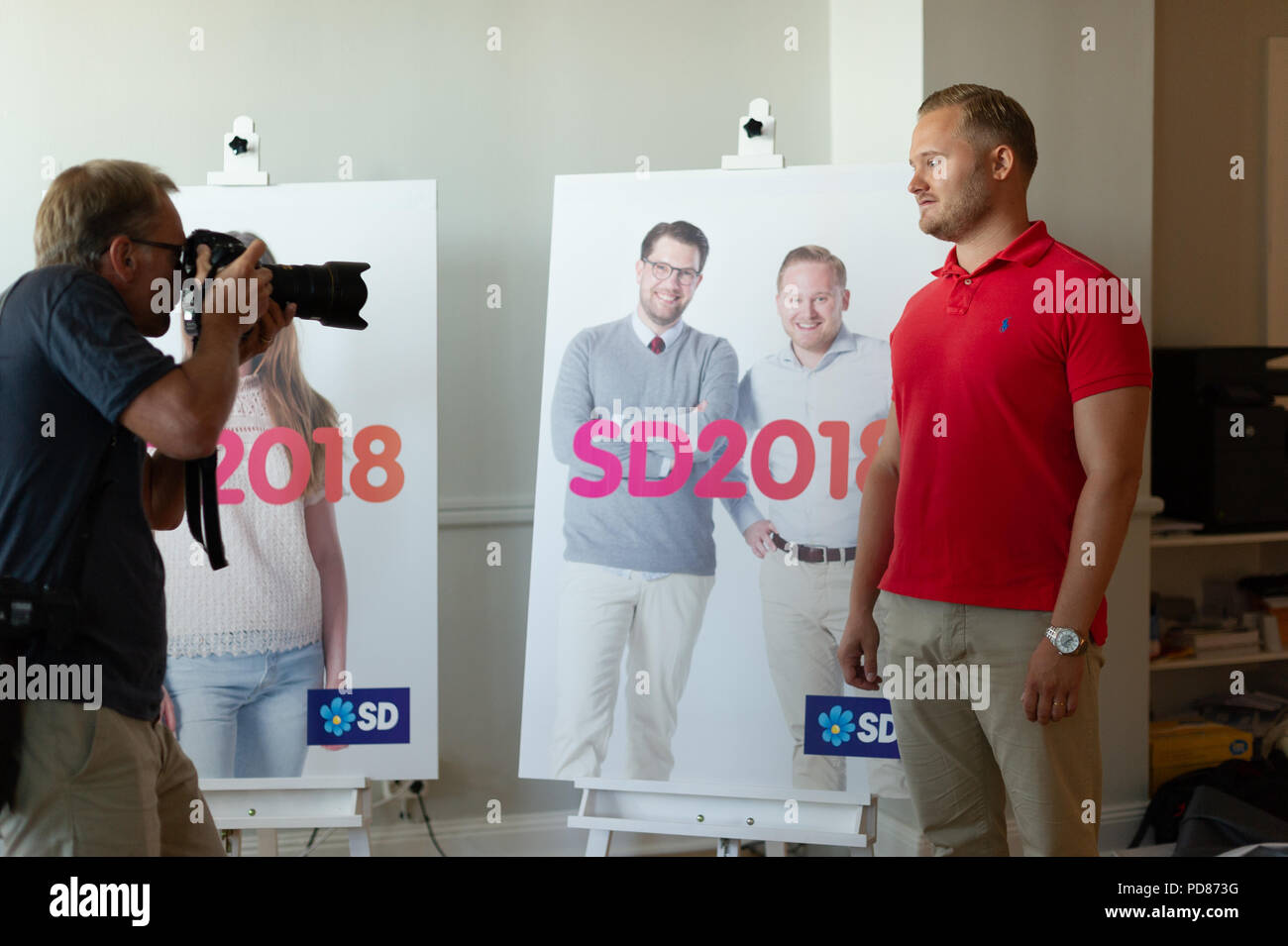 Stockholm, Sweden, August 7, 2018. Sweden Democrats unveil election posters. Press Manager Henrik Vinge (SD) meets the press. Credit: Barbro Bergfeldt/Alamy Live News Stock Photo