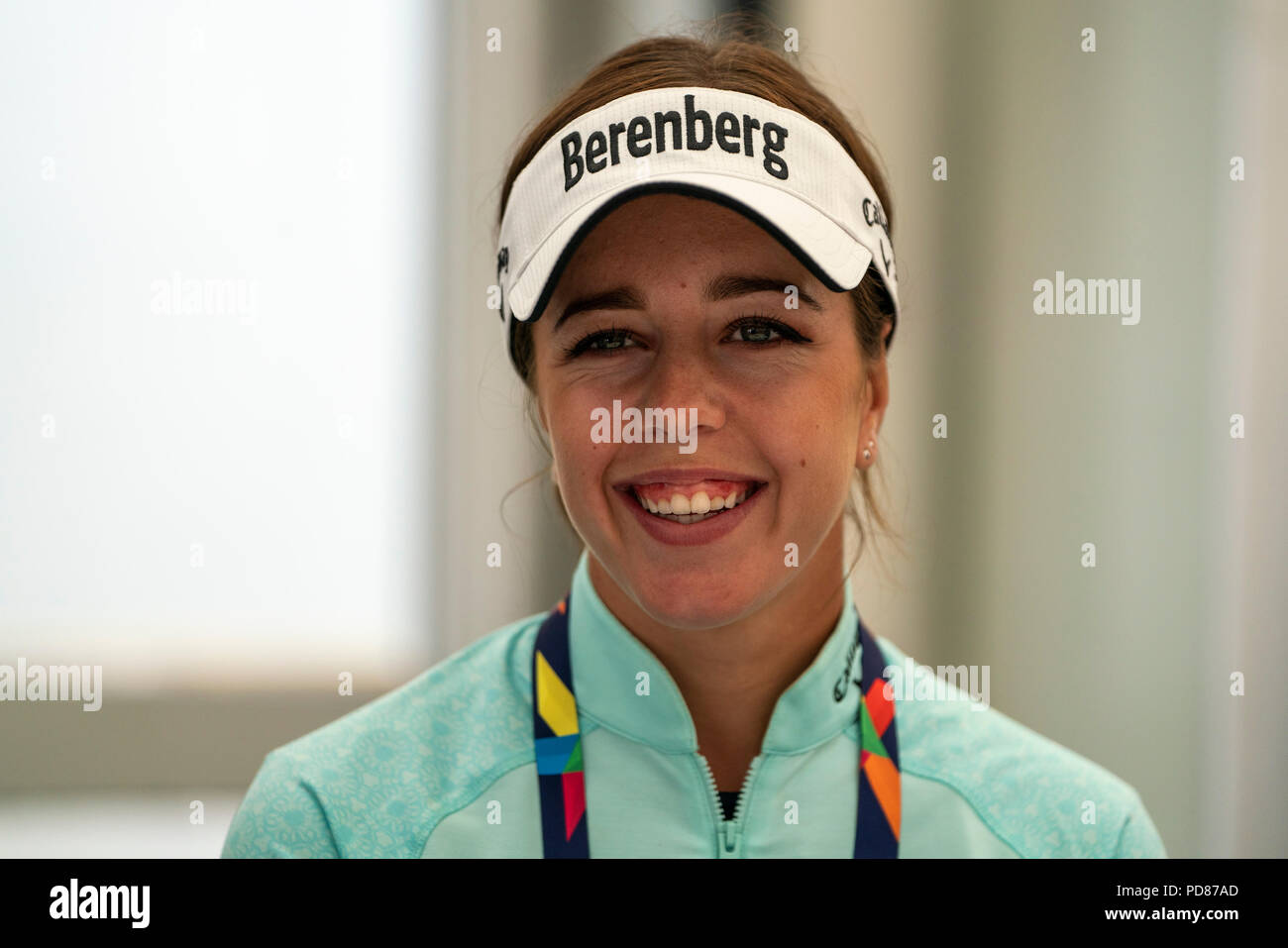 Gleneagles, Scotland, UK; 7 August, 2018.  Ladies British Open 2018 champion Georgia Hall gives a press conference at Gleneagles Golf Course ahead of competing for Great Britain in the European Championships 2018. She is paired with Laura Davies Credit: Iain Masterton/Alamy Live News Stock Photo