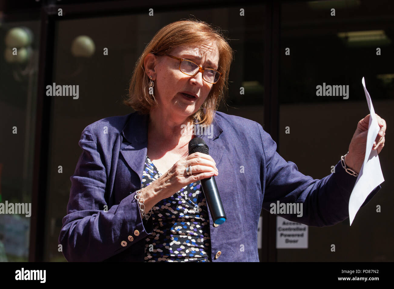 London, UK. 7th August, 2018. Emma Dent Coad, Labour MP for Kensington, speaks at the launch by the United Voices of the World (UVW) trade union of coordinated migrant worker strikes over pay and working conditions at the Ministry of Justice and Royal Borough of Kensington and Chelsea. A further strike will begin at Health Care America locations at the end of August. Credit: Mark Kerrison/Alamy Live News Stock Photo