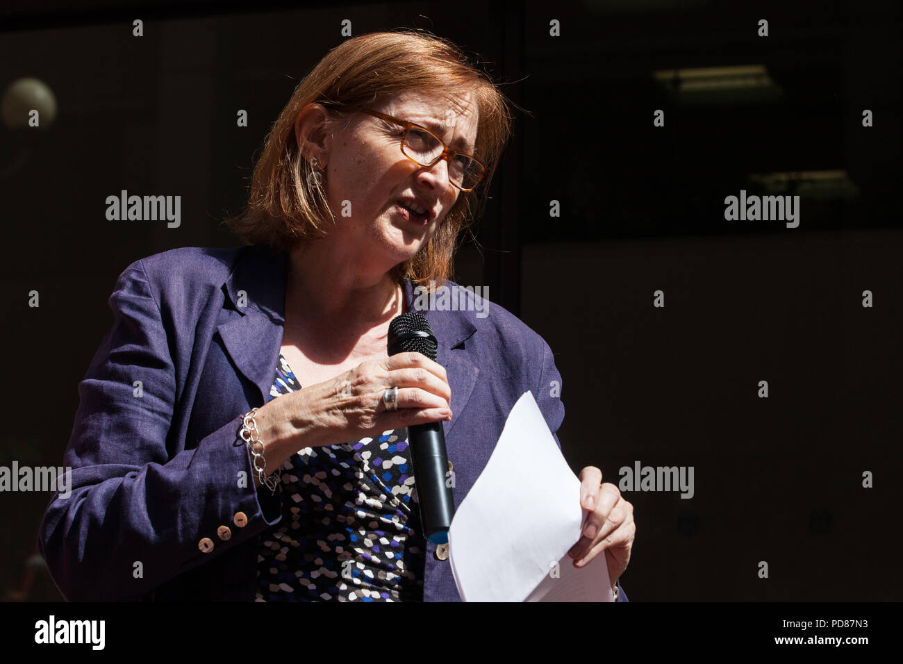London, UK. 7th August, 2018. Emma Dent Coad, Labour MP for Kensington, speaks at the launch by the United Voices of the World (UVW) trade union of coordinated migrant worker strikes over pay and working conditions at the Ministry of Justice and Royal Borough of Kensington and Chelsea. A further strike will begin at Health Care America locations at the end of August. Credit: Mark Kerrison/Alamy Live News Stock Photo
