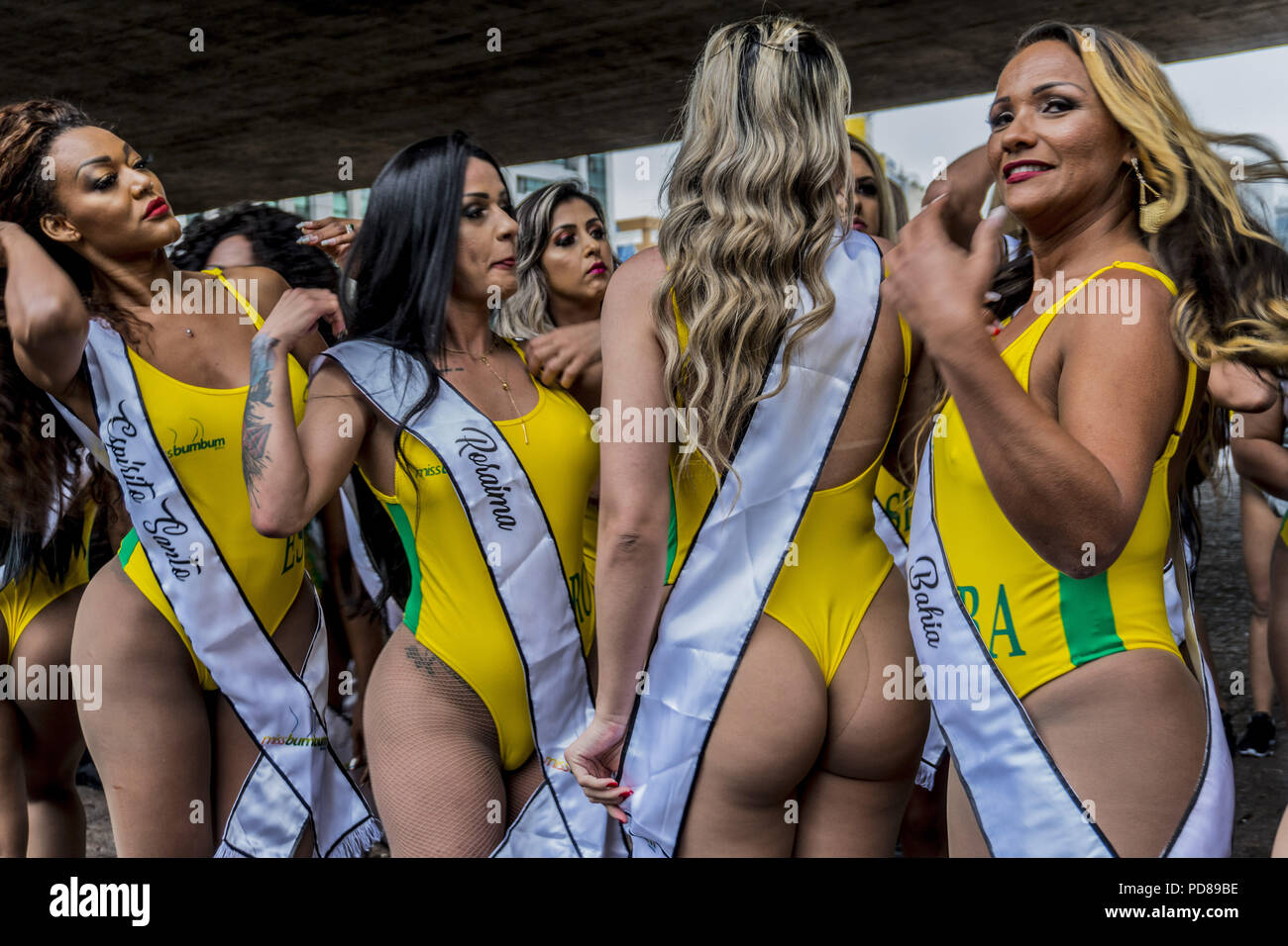 August 6 2018 SA O Paulo SA o Paulo Brazil SAO PAULO SP SP 06 08 2018 BRAZIL LIFESTYLE BEAUTY MISS BUMBUM OFFBEAT Models wearing bikinis perform at Paulista Avenue in Sao Paulo Brazil on August 6 2018