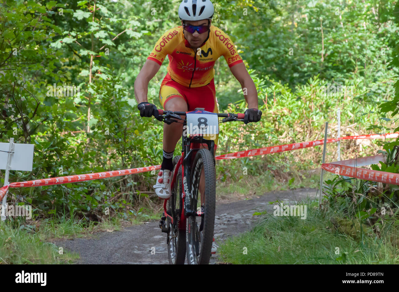 Glasgow, Scotland, UK. 7th August, 2018. Sergio Mantecon Gutierrez of Spain rides in the Men's Mountain Bike Cross-Country at Cathkin Braes Mountain Bike Trails on Day Six of the European Championships Glasgow 2018. Credit: Skully/Alamy Live News Stock Photo