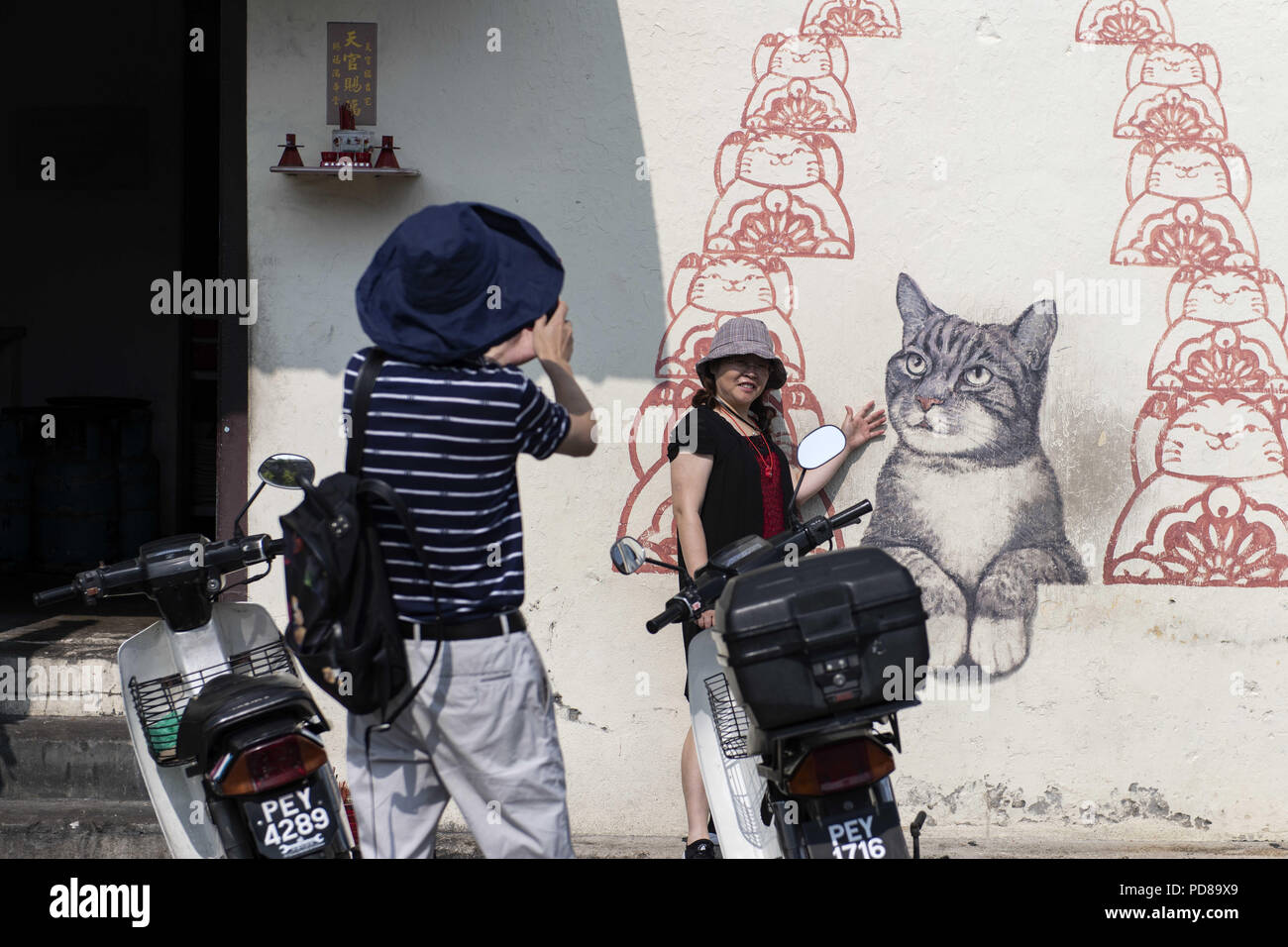 George Town, Penang, Malaysia. 29th Apr, 2017. A woman seen posing next to a mural called Love Me Like Your Fortune Cat, Located in Lebuh Armenian Street, it is part of a cat-related street art collection created by Natthaton Muangkliang, Ang Yeok Khang and Louise Low whose purpose consisted in creating more awareness towards stray animals.George Town, the capital City of Penang Island in Malaysia, is known for its blend of cultures, colonial heritage and street food. A few years ago a project developed by the municipality gave a new life to the streets of the city when several artists lent Stock Photo