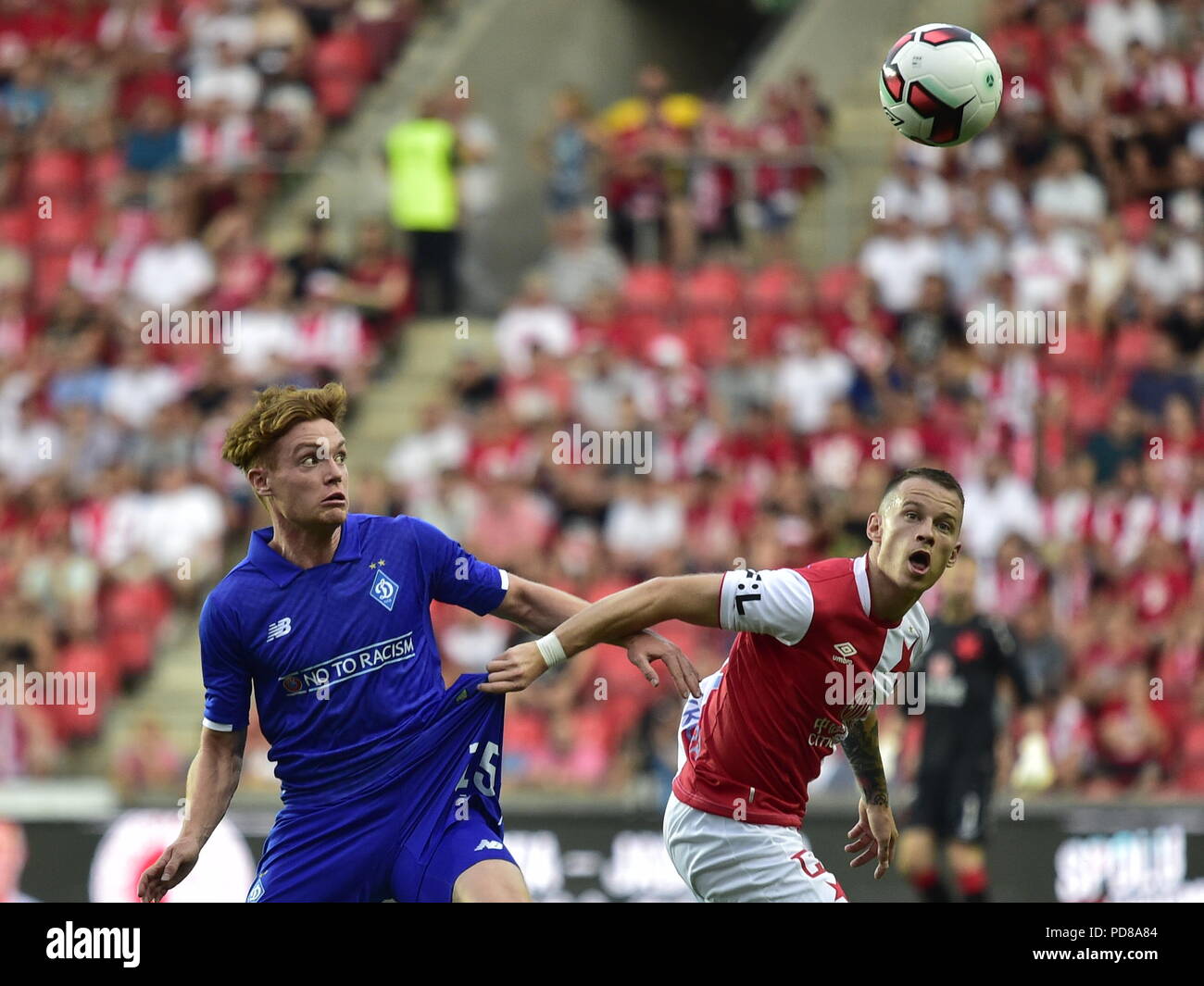 Prague, Czech Republic. 07th Aug, 2018. From left VIKTOR CYGANKOV of Dynamo Kiev and JAN SYKORA of Slavia Praha in action during the 3rd qualifying round of football Champions League, first match in Prague, Czech Republic, August 7, 2018. Credit: Ondrej Deml/CTK Photo/Alamy Live News Stock Photo