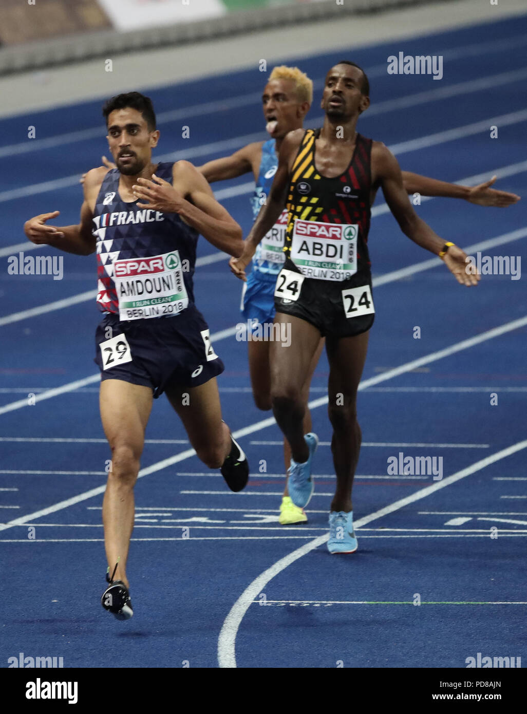 Berlin Germany 07th Aug 2018 Track And Field European Athletics Championships In The Olympic Stadium 10 000 M Final Men Winner Morhad Amdouni L From France And The Runner Up Bashir Abdi R From
