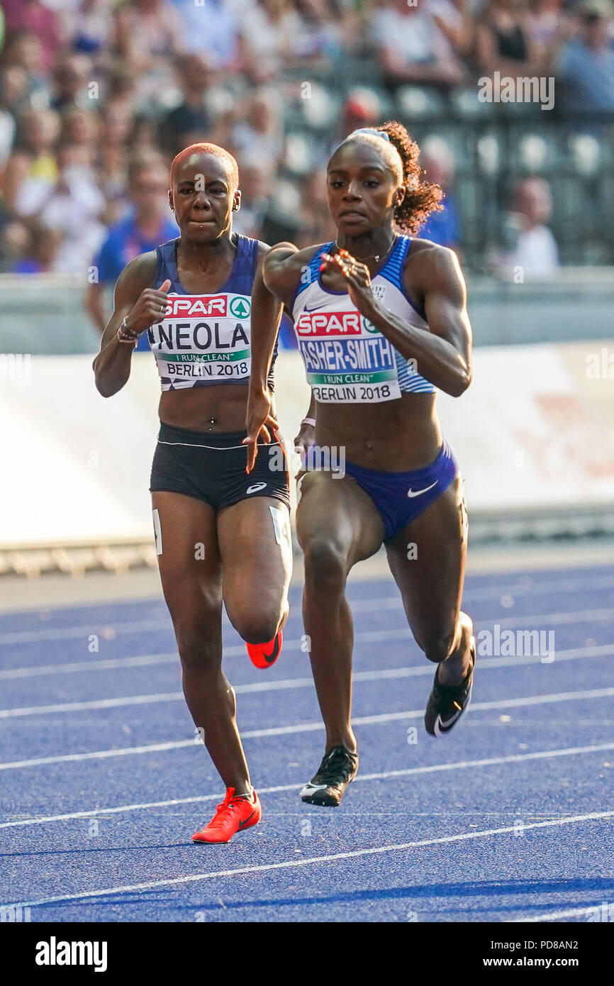 August 7, 2018: Dina Asher-Smith of Â Great Britain and Orphee Neola of Â France during 100 meter womens semifinals at the Olympic Stadium in Berlin at the European Athletics Championship. Ulrik Pedersen/CSM Stock Photo