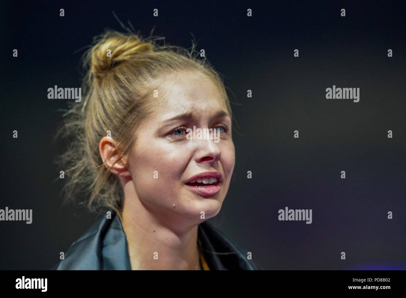 August 7, 2018: Gina LÃ¼ckenkemper of Â Germany crying after getting the silver at 100 meter final for women at the Olympic Stadium in Berlin at the European Athletics Championship. Ulrik Pedersen/CSM Stock Photo