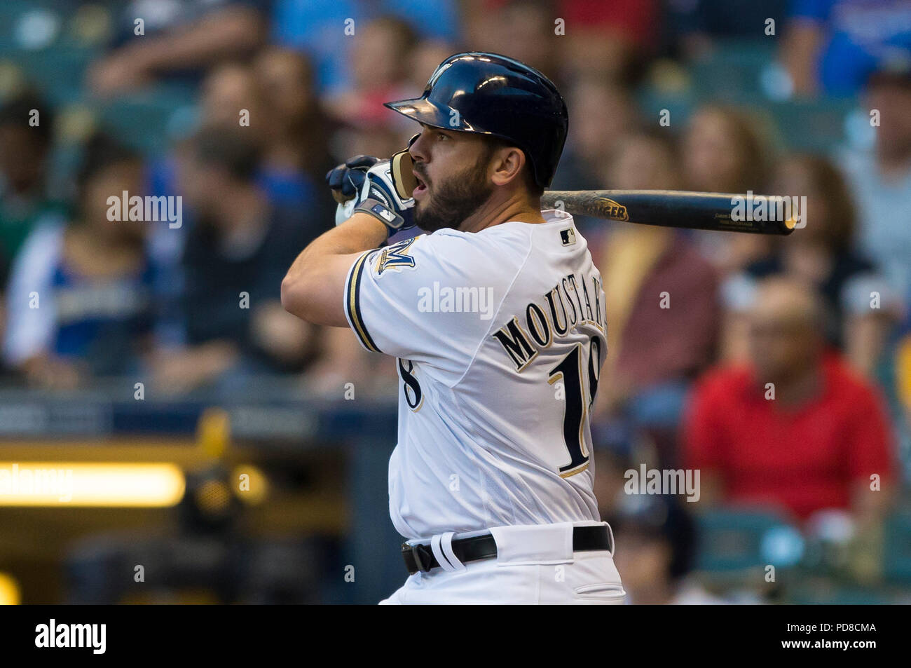 August 24, 2018: Milwaukee Brewers third baseman Mike Moustakas #18 during  the Major League Baseball game between the Milwaukee Brewers and the  Pittsburgh Pirates at Miller Park in Milwaukee, WI. John Fisher/CSM