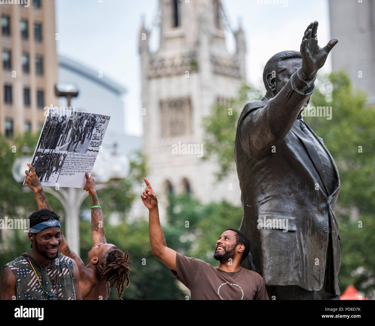 Philadelphia, Pennsylvania / USA. Philly for REAL Justice members hold a weekly protest in front of the statue of former Philadelphia police chief, Frank Rizzo. The organization highlighted the former police chief's record of brutality towards the Black community and is calling for the statue to be removed. August 07 2018. Credit: Christopher Evens/Alamy Live News Stock Photo