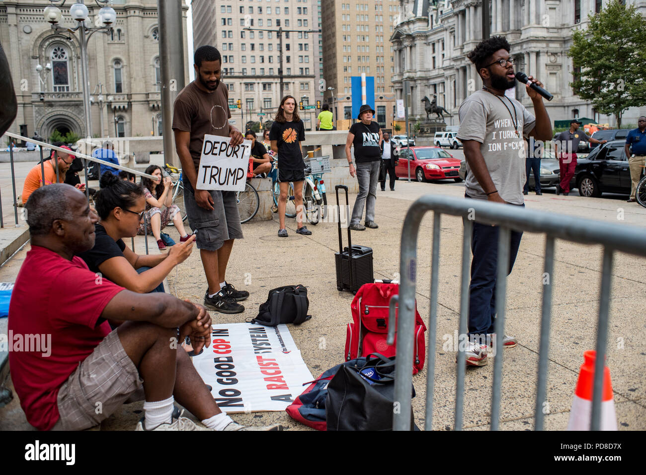 Philadelphia, Pennsylvania / USA. Philly for REAL Justice members hold a weekly protest in front of the statue of former Philadelphia police chief, Frank Rizzo. The organization highlighted the former police chief's record of brutality towards the Black community and is calling for the statue to be removed. August 07 2018. Credit: Christopher Evens/Alamy Live News Stock Photo