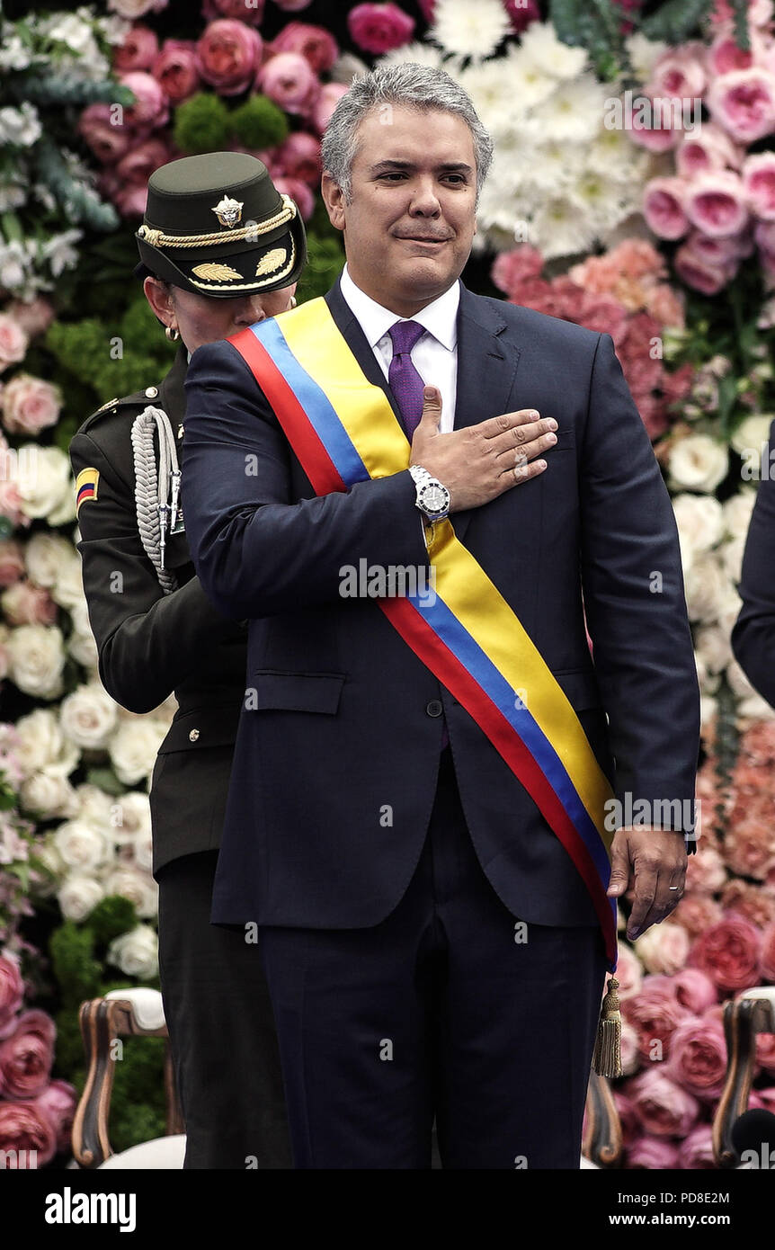 Bogota, Colombia. 7th Aug, 2018. Colombian President Ivan Duque attends his swearing-in ceremony at Bolivar Square, in Bogota, capital of Colombia, on Aug. 7, 2018. Credit: Jhon Paz/Xinhua/Alamy Live News Stock Photo