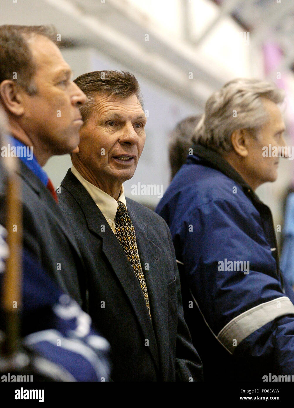 Bratislava, Slovakia. 04th Dec, 2004. ***FILE PHOTO*** Stan Mikita  (center), legendary Slovak-born Canadian former ice hockey player for the  Chicago Black Hawks of NHL, is seen during an exhibition ice hockey match