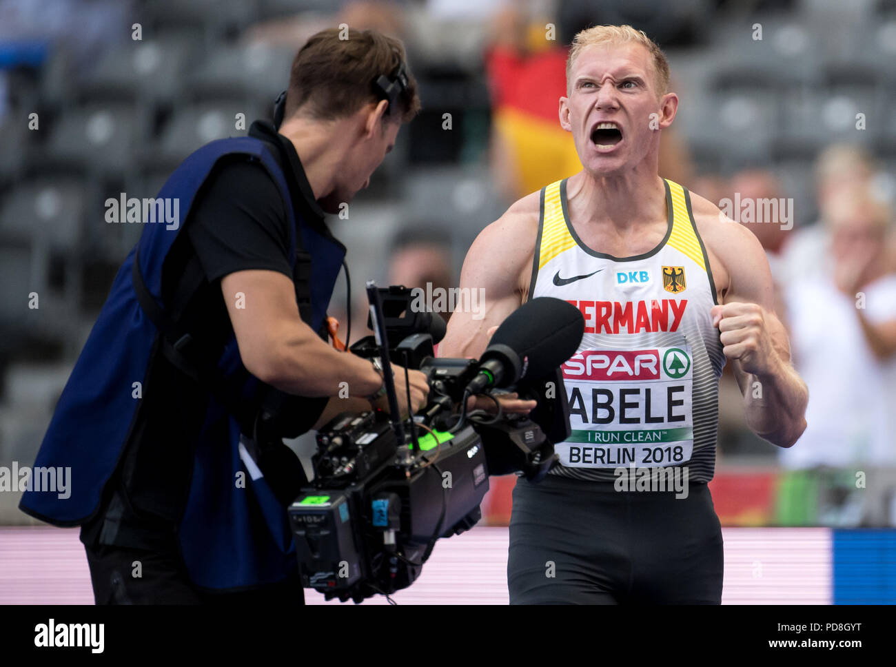 08.08.2018, Berlin: Athletics: European Championships in the Olympic Stadium: Decathlon 110m Hurdles, Men: Arthur Abele from Germany balts his fists at the finish. Photo: Sven Hoppe/dpa Stock Photo