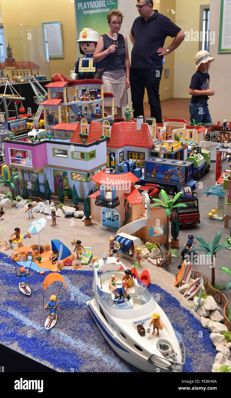 Neuruppin, Germany. 08th Aug, 2018. Until September 9, the exhibition in  the Kulturkirche shows worlds with Playmobil figures. A limited edition of  the Fontane toy figure is hidden in the numerous pictures