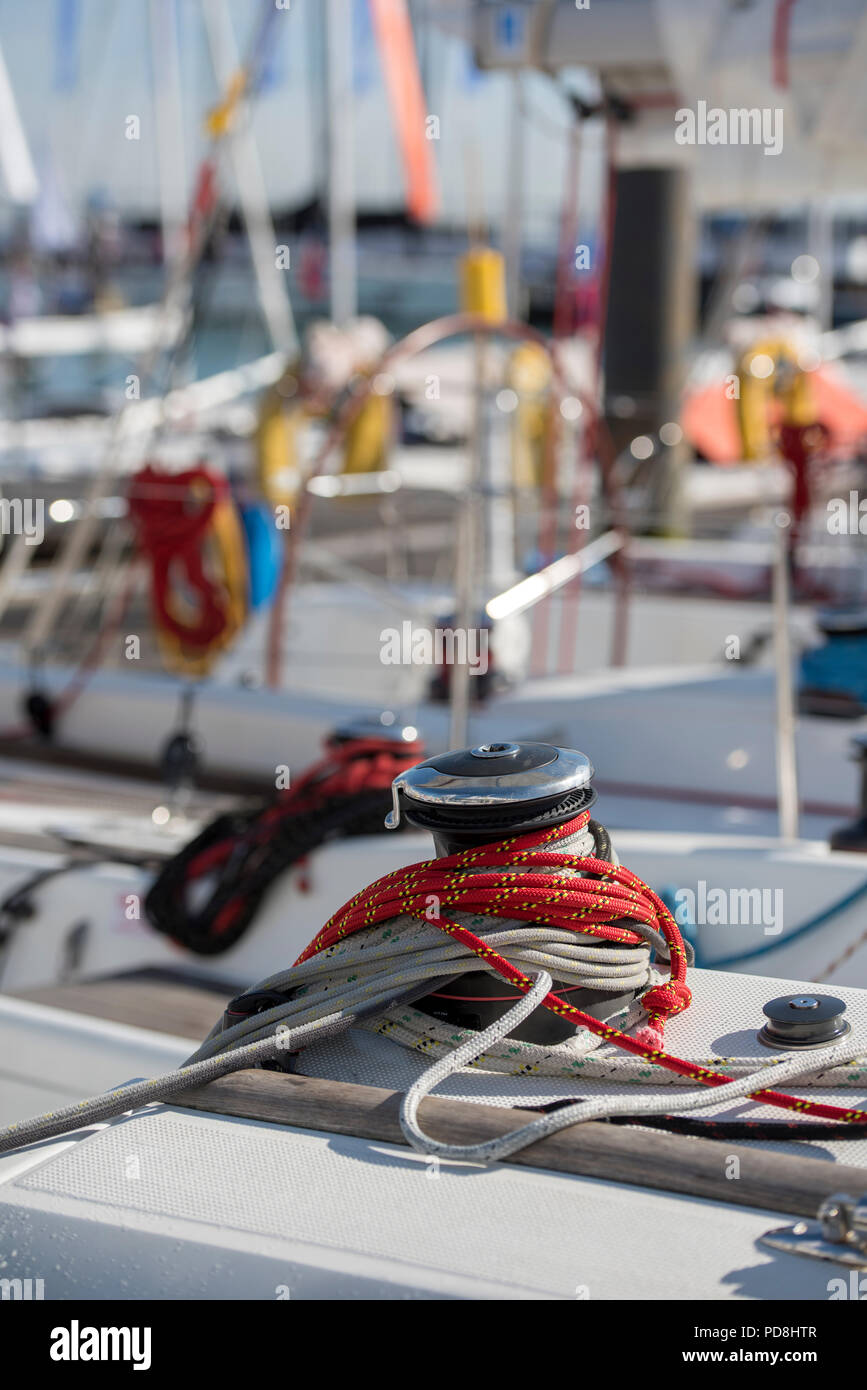 a capstan winch on a modern sailing yacht. yachting deck fittings and