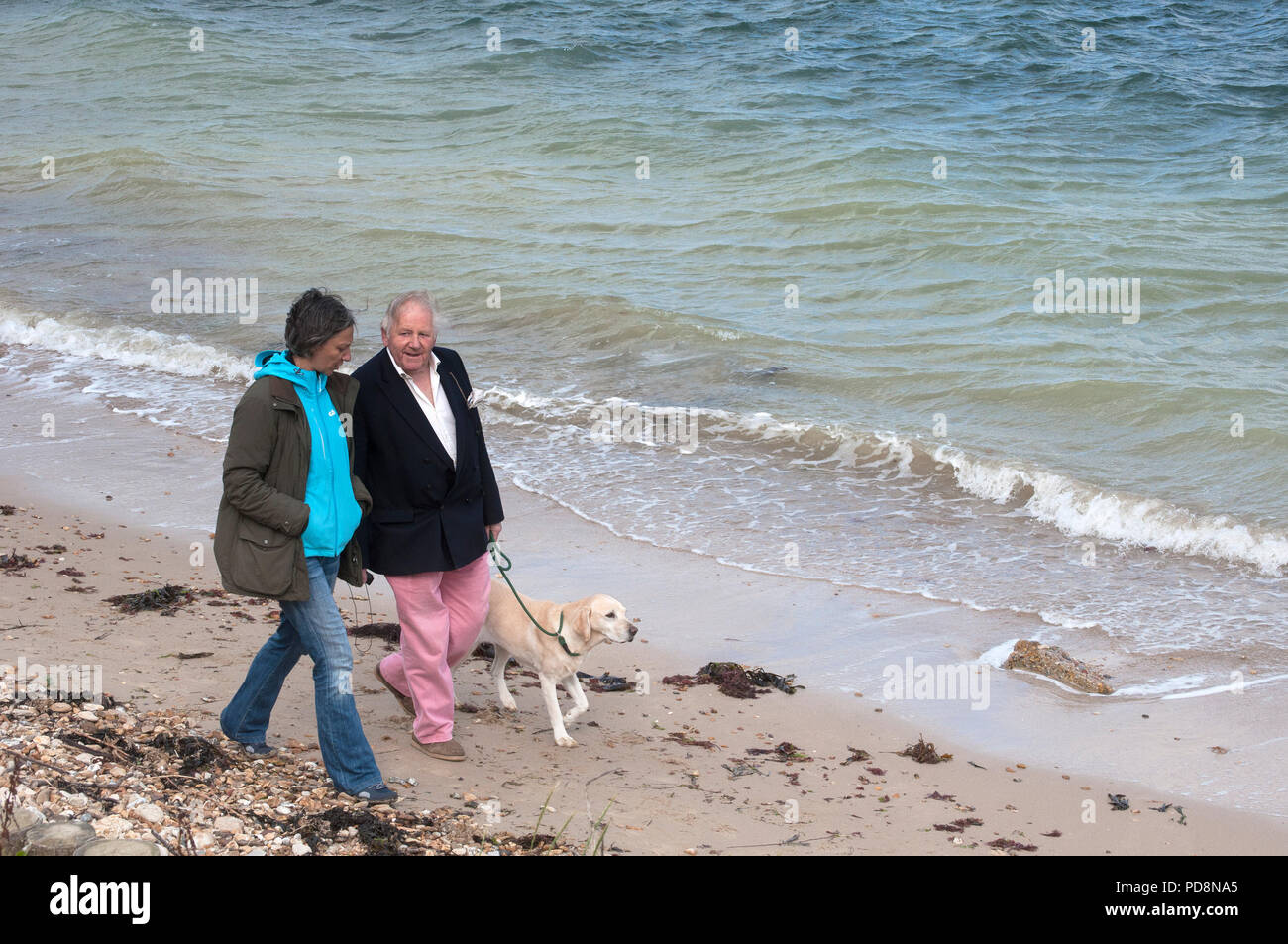 Middle aged mixed gender couple walking with yellow labrador dog along the beach and coast at Fort Victoria, Isle of Wight, UK Stock Photo