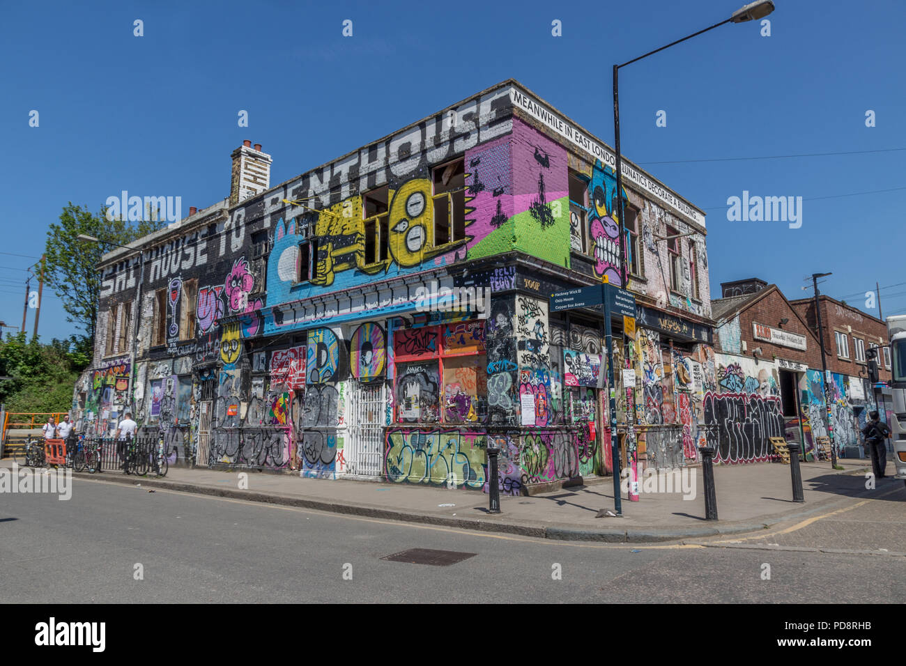 Graffiti on the Lord Napier pub, a  derelict building in Hackney Wick in East London, England, United Kingdom, Europe, 2018 Stock Photo