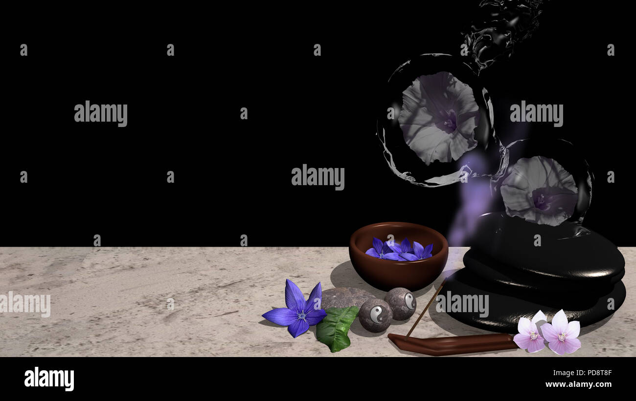 lila Blüten, Schale mit Blüten, Bimsstein , Qi-Gong Kugeln mit yin und Yang Symbol, ein Räucherstäbchen mit violettem Rauch und im Hintergrund Blumen  Stock Photo