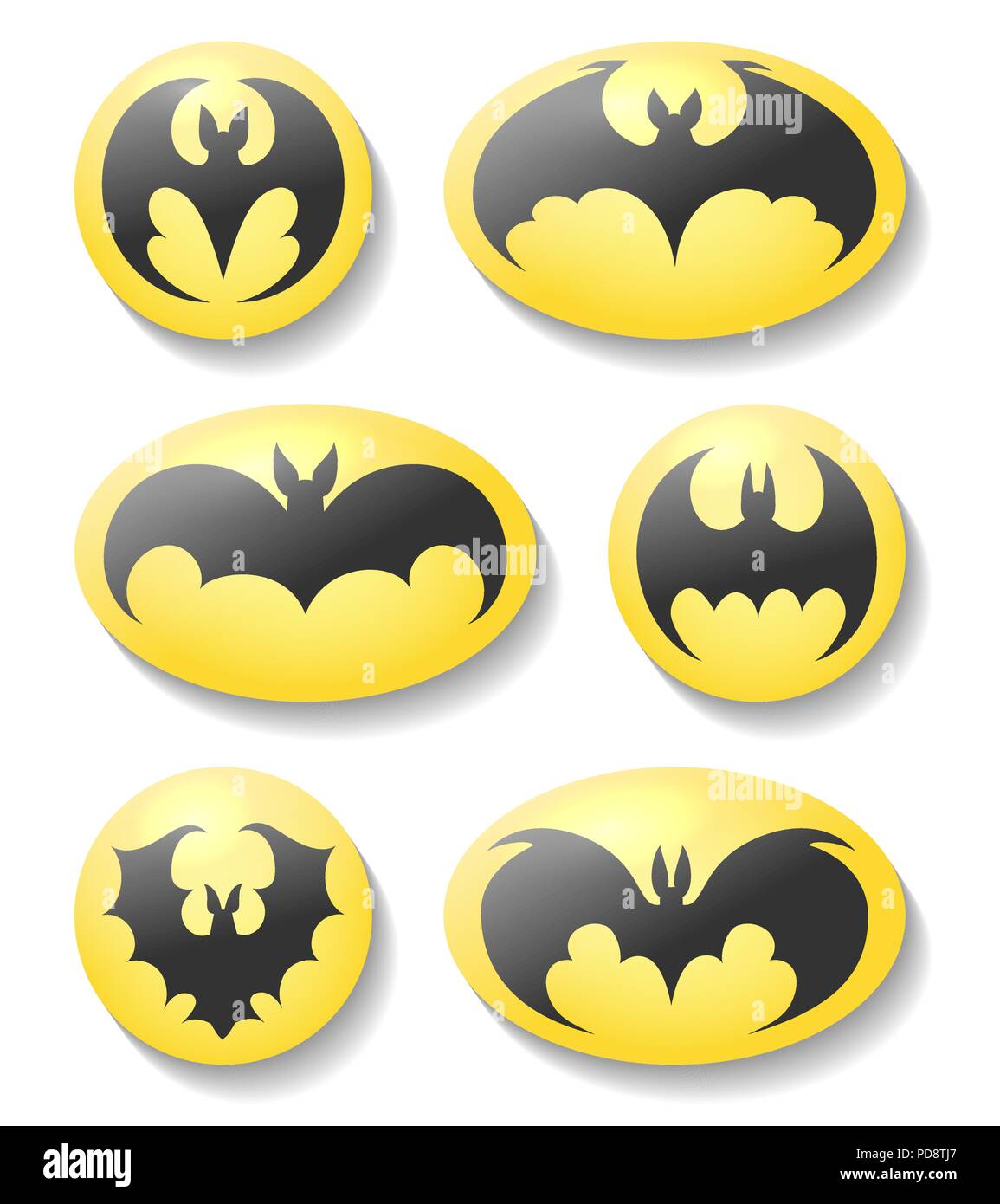 Bat buttons. Dracula or batman silhouette vector symbol set, vector bats labels isolated on white background Stock Vector