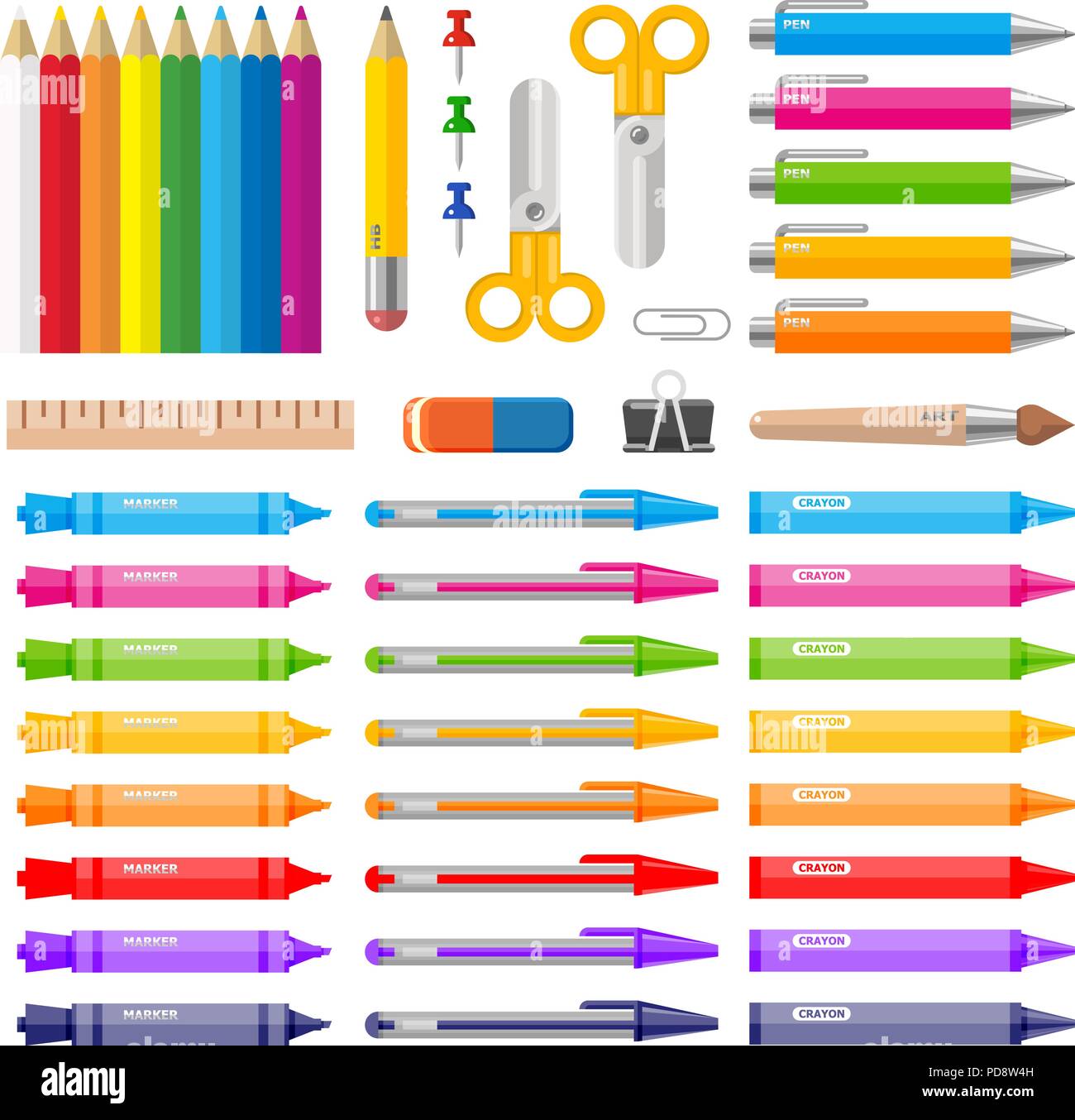https://c8.alamy.com/comp/PD8W4H/variety-of-color-pens-pencils-markers-and-crayons-PD8W4H.jpg