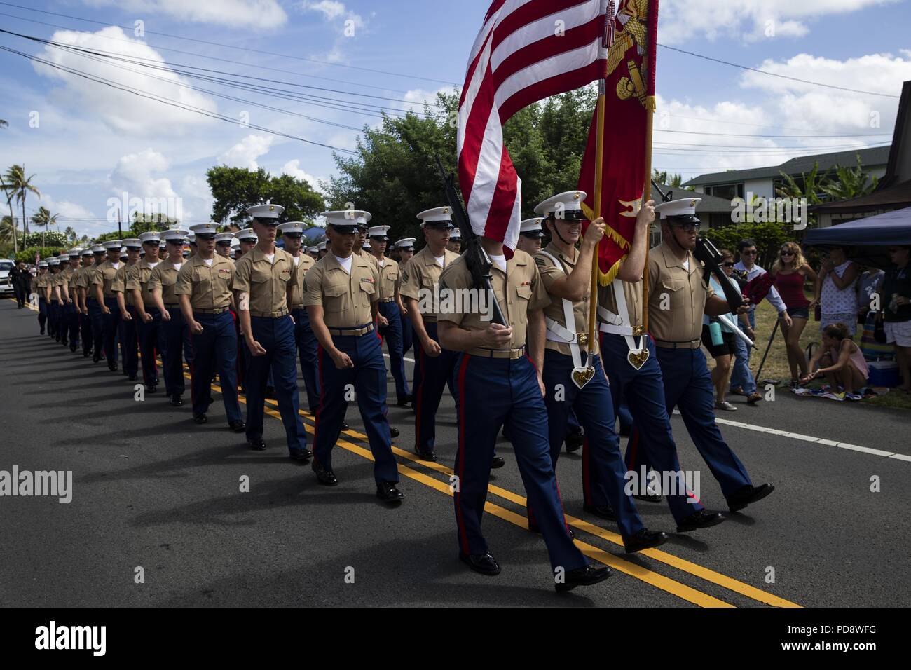 U.S. Marines with Marine Corps Base Hawaii, march in the Kailua Independence Day Parade, Hawaii, Jul. 4, 2018, July 4, 2018. The Kailua area has held parade annually for 72 years, celebrating America's Independence and the local community. (U.S. Marine Corps Photo by Sgt. Alex Kouns). () Stock Photo