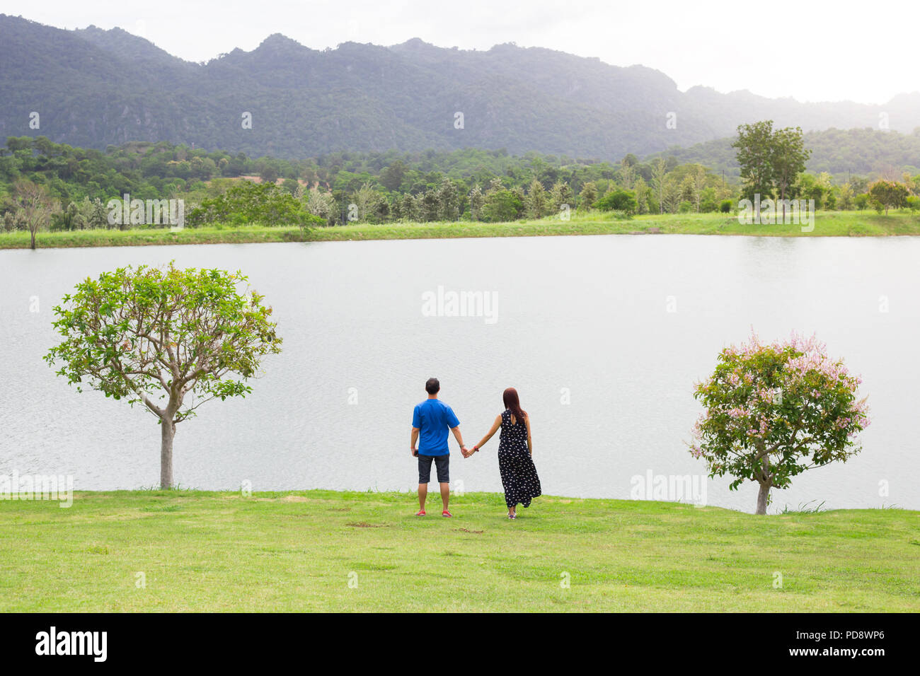 Behind of couple holding hand with full nature grass field , lake , mountain and tree . Romance seen Stock Photo