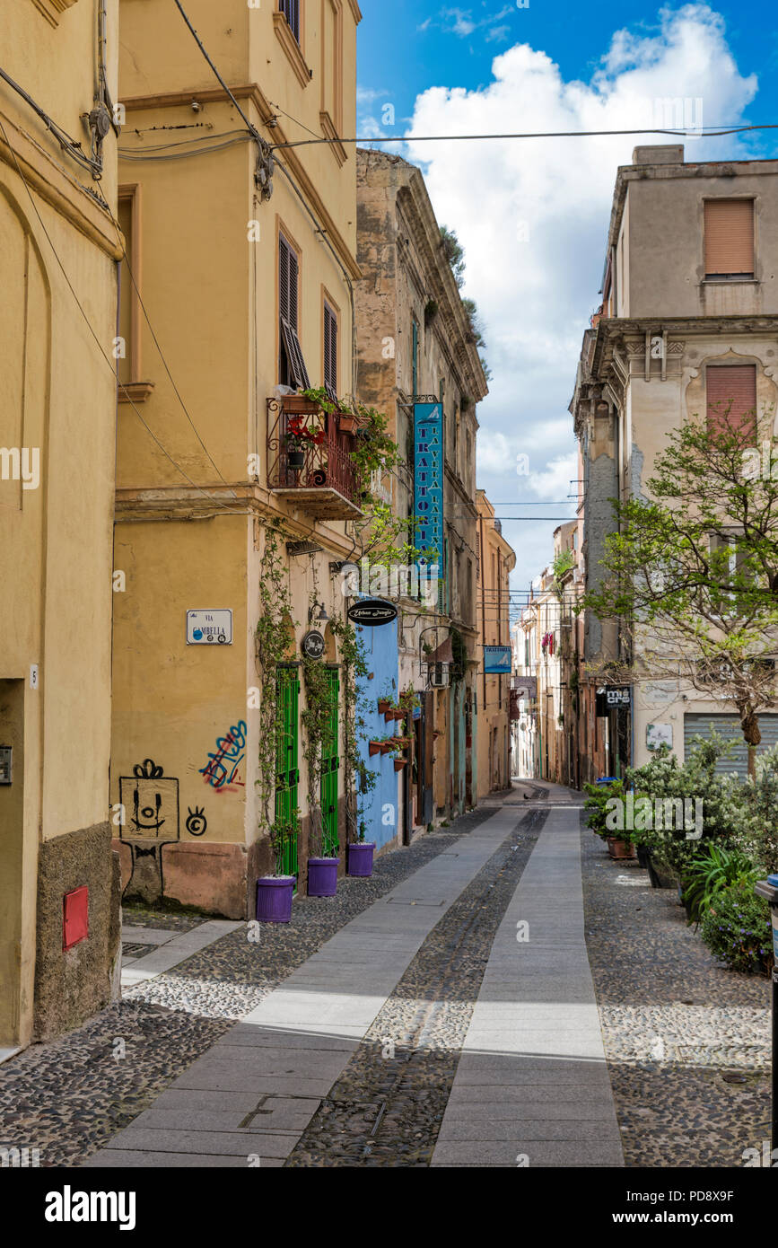 Sassari,Italy,12-april-2018:street in sassari with shops and old houses in the mid of the old centre of sassari,sassari is one of the biggest vcities in west sardinia Stock Photo