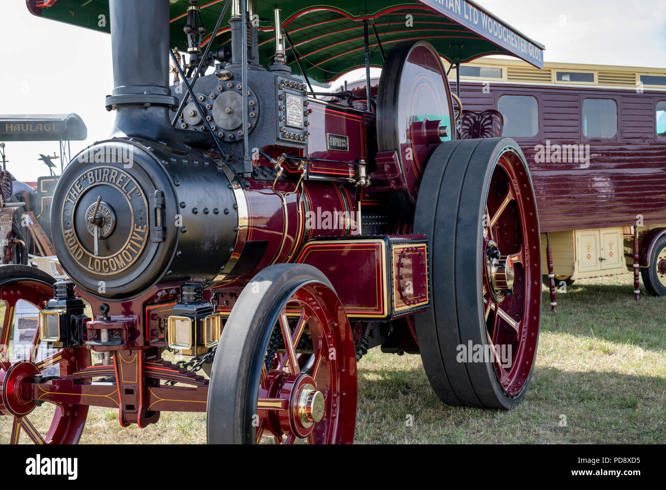 Burrell Traction engine and a showmans caravan at a steam fair in England Stock Photo