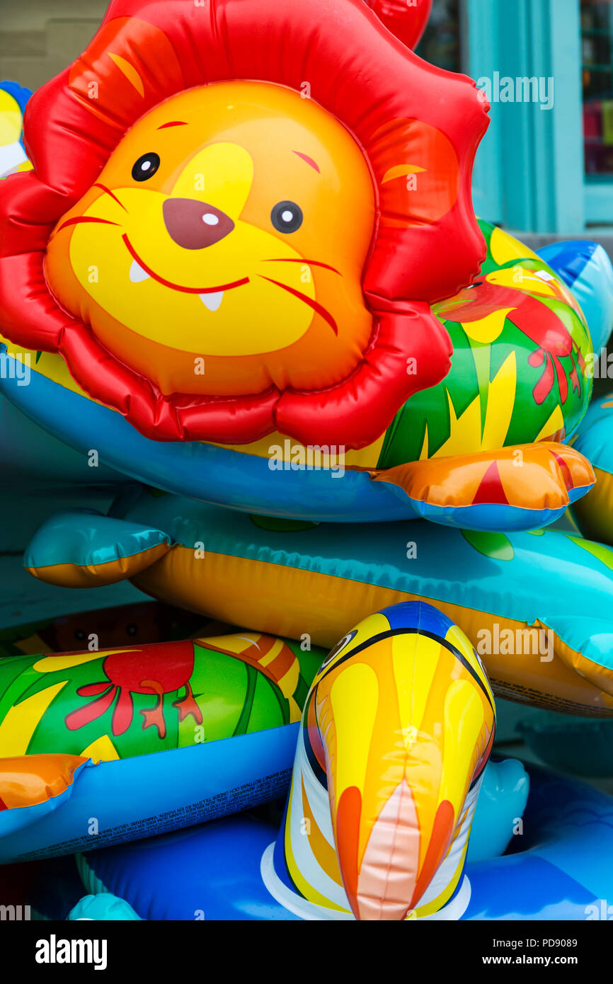 Inflatable beach toys outside a shop in Port Dover Ontario Canada Stock Photo