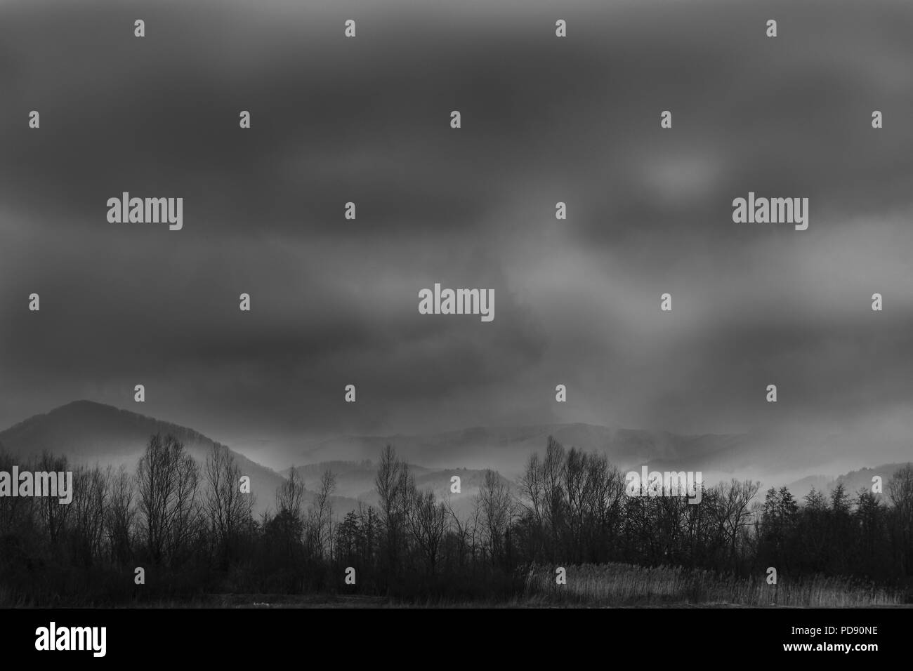 Winter landscape with mountains black and white Stock Photo - Alamy