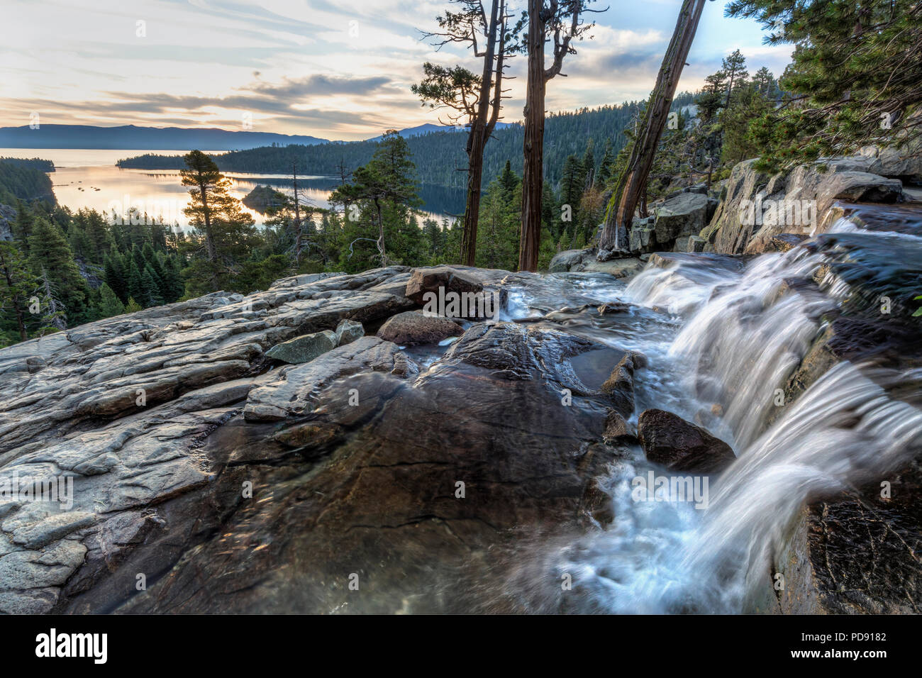 Colorful sunrise on Emerald Bay from the top of Eagle Falls off Lake Tahoe in California. Stock Photo