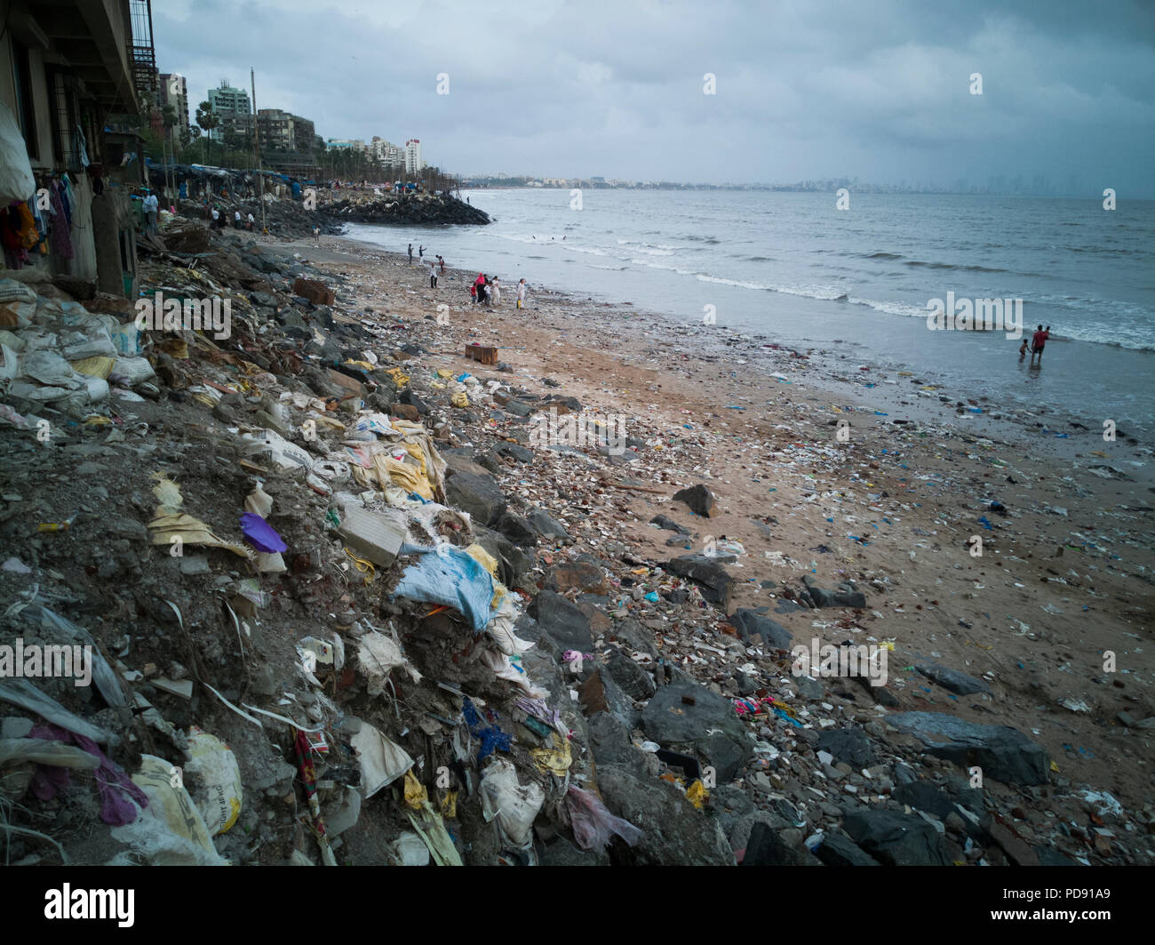 Plastic trash and other garbage on Versova beach, Mumbai, India Stock Photo