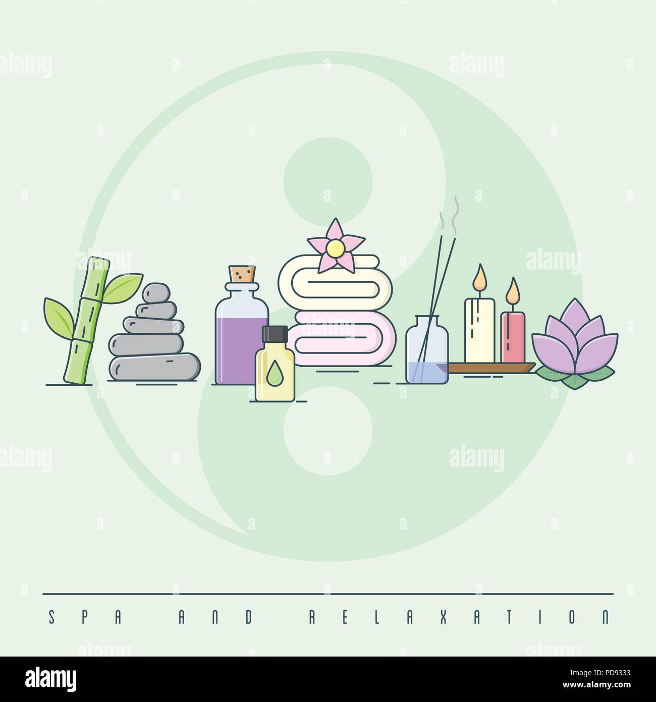 Spa and relaxation concept colorized line art vector illustration Stock Vector