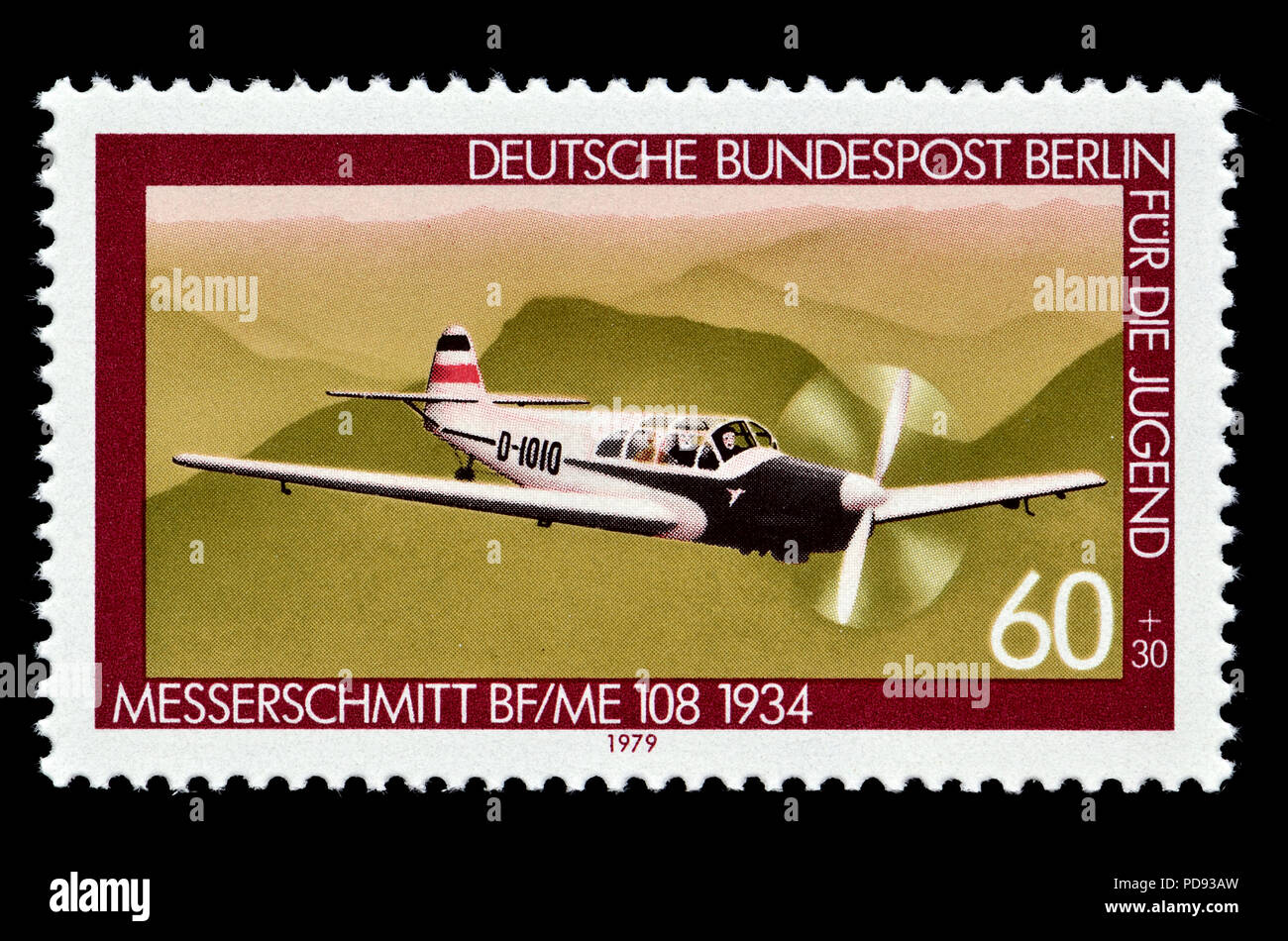 German postage stamp (Berlin: 1979) : Messerschmitt BF/ME 108 Taifun (1934) single-engine sport and touring aircraft Stock Photo