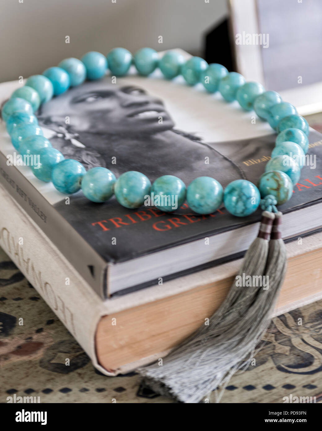 Turquoise beaded bracelet on top of photography book Stock Photo