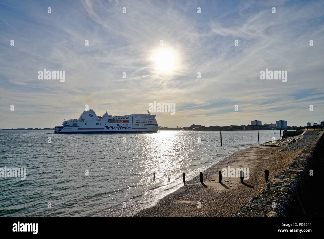 The Brittany Ferries boat Mont St. Michel sailing into Portsmouth harbour on a summers evening Hampshire England UK Stock Photo