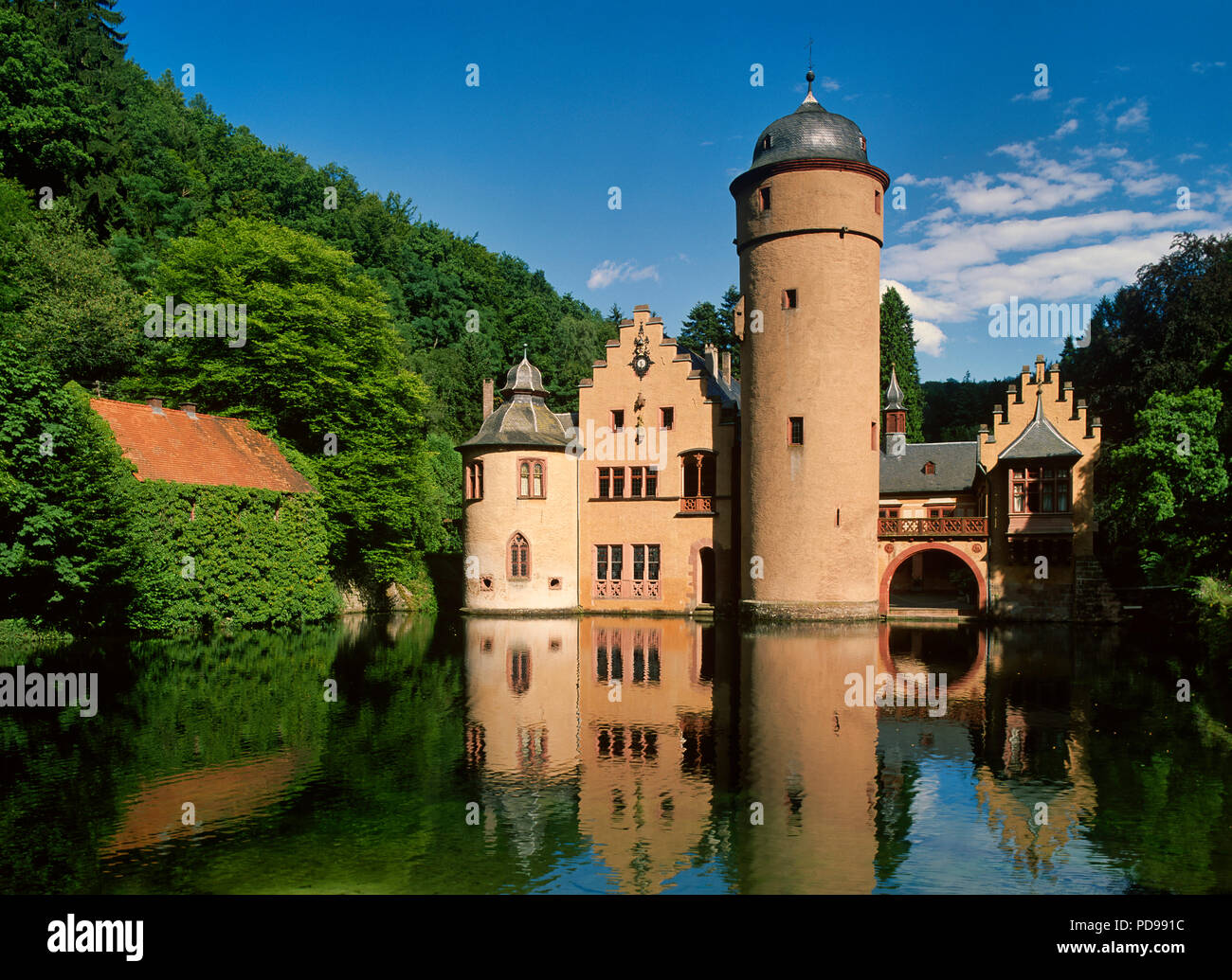 Water castle Mespelbrunn in the Spessart, Aschaffenburg District, Lower Franconia, Bavaria, Germany Stock Photo