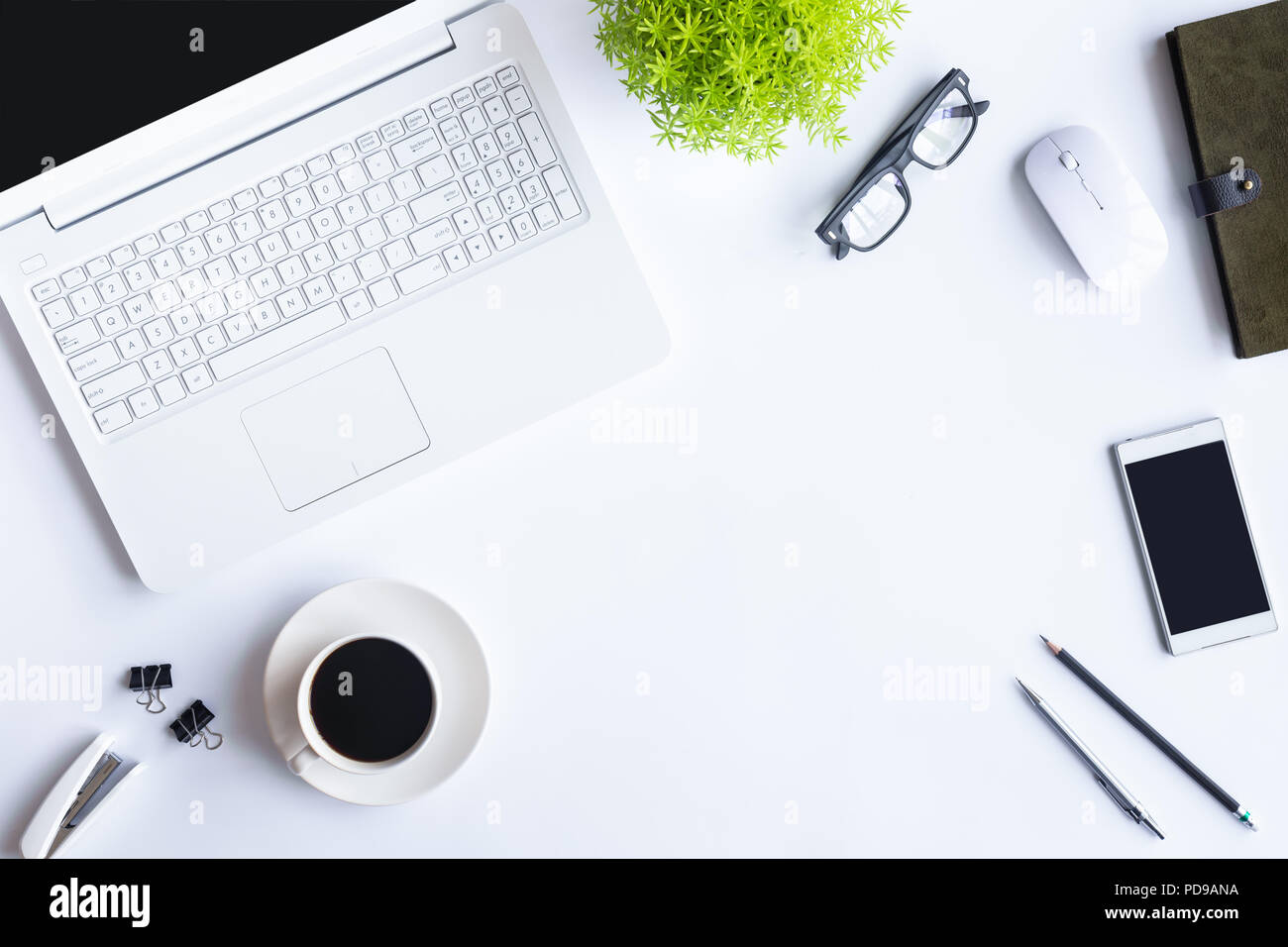 White desk office with laptop, smartphone and other work supplies with cup  of coffee. Top view with copy space for input the text. Designer workspace  Stock Photo - Alamy