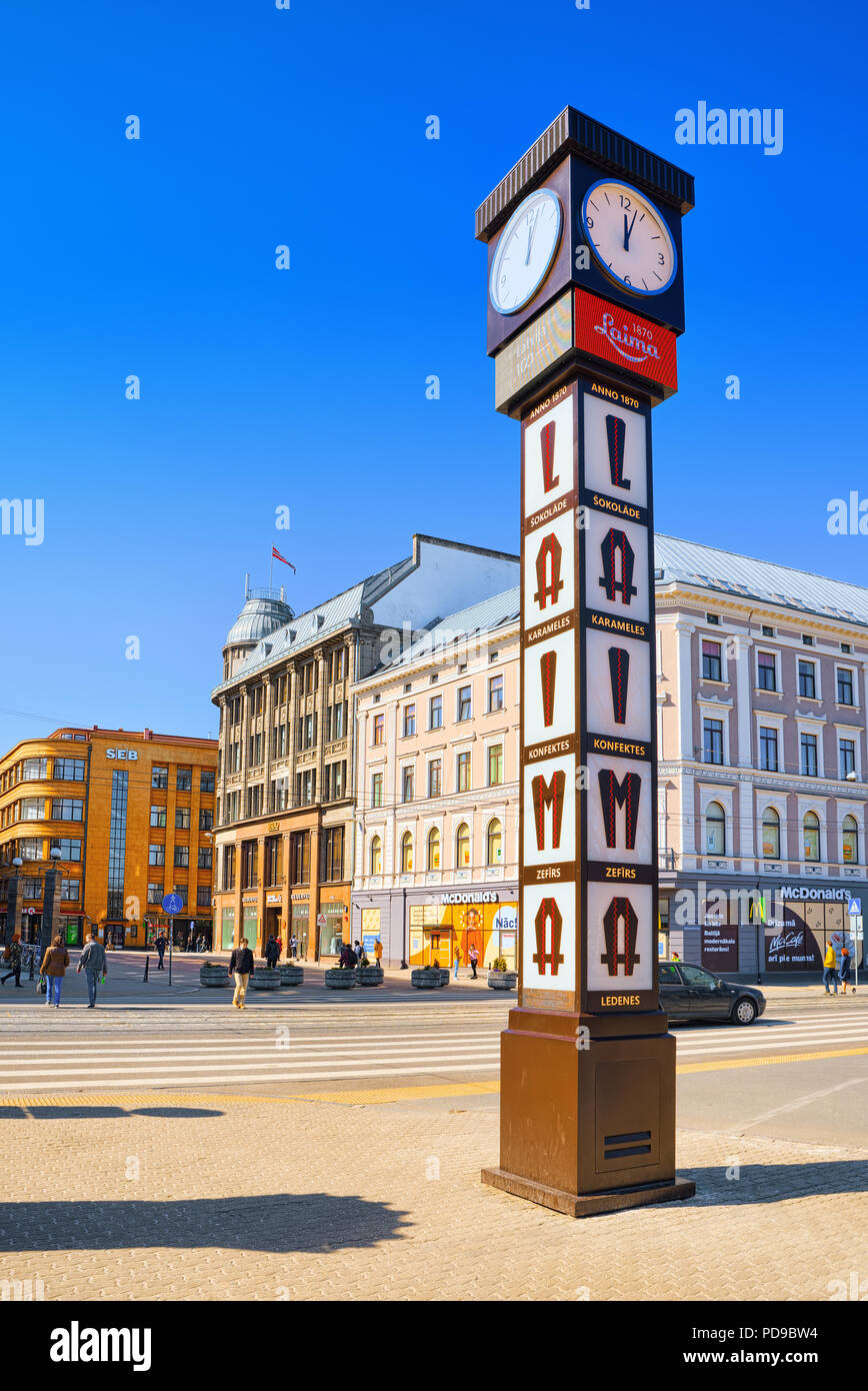 Riga, Latvia - April 12, 2018: The Laima watches (Laimas pulkstenis) are  street watches of the original tower design located in the center of Riga  Stock Photo - Alamy