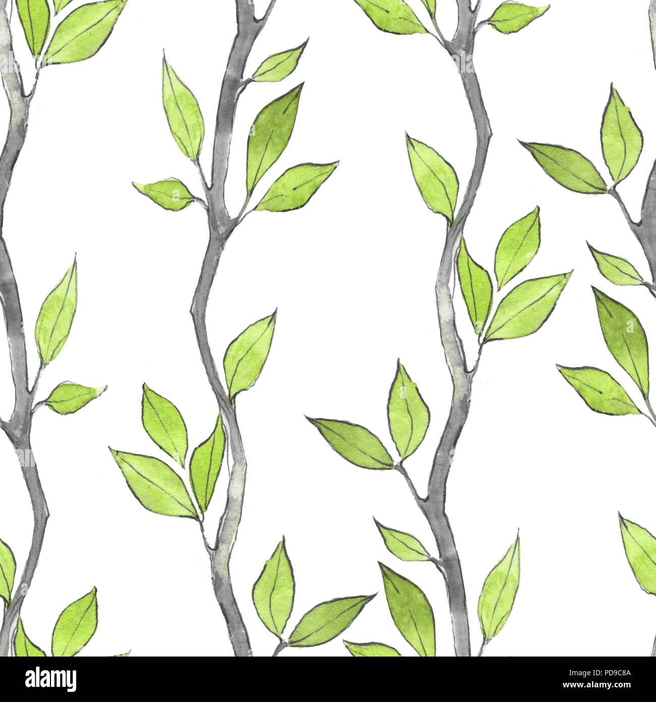Seamless pattern with watercolor branches and leaves. Watercolo ...