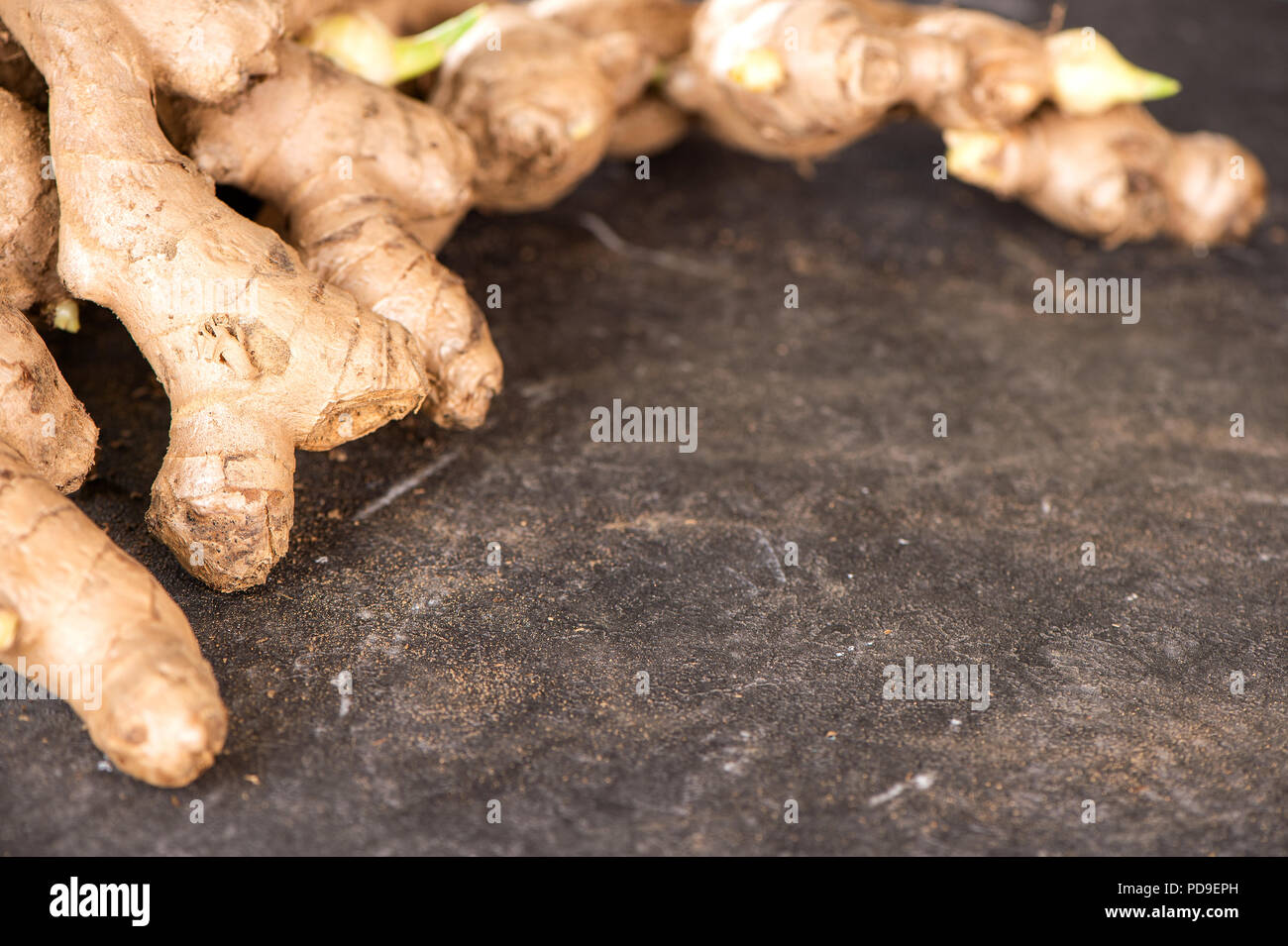 Whole ginger roots on dark old stone background table top view space for text. Stock Photo