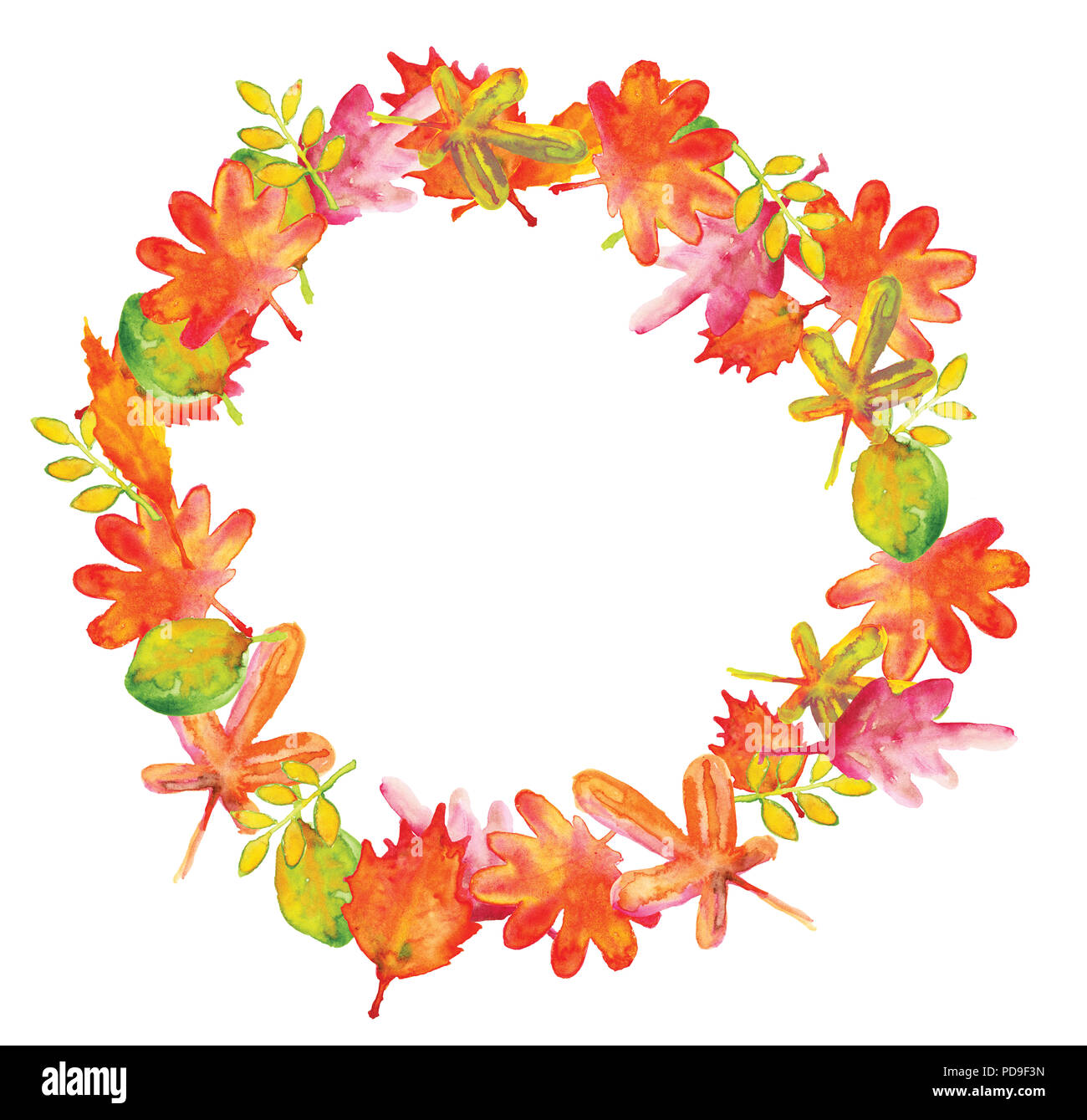 the watercolor illustration of fall leaves wreath frame in warm