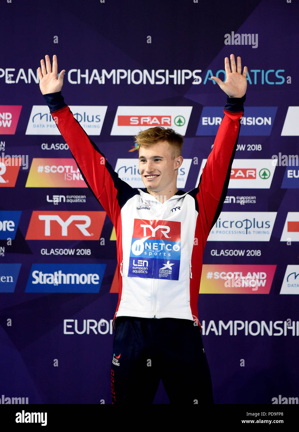 Great Britain's Jack Laugher celebrates winning gold medal in the Men's 1m Springboard Final during day six of the 2018 European Championships at Scotstoun Sports Campus, Glasgow. Stock Photo