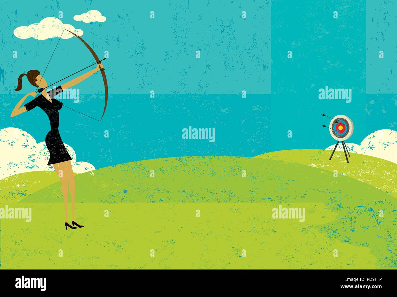 Trying to hit the bull’s eye. A businesswoman trying to shoot the arrow into the bull's eye to achieve her goal. Stock Vector