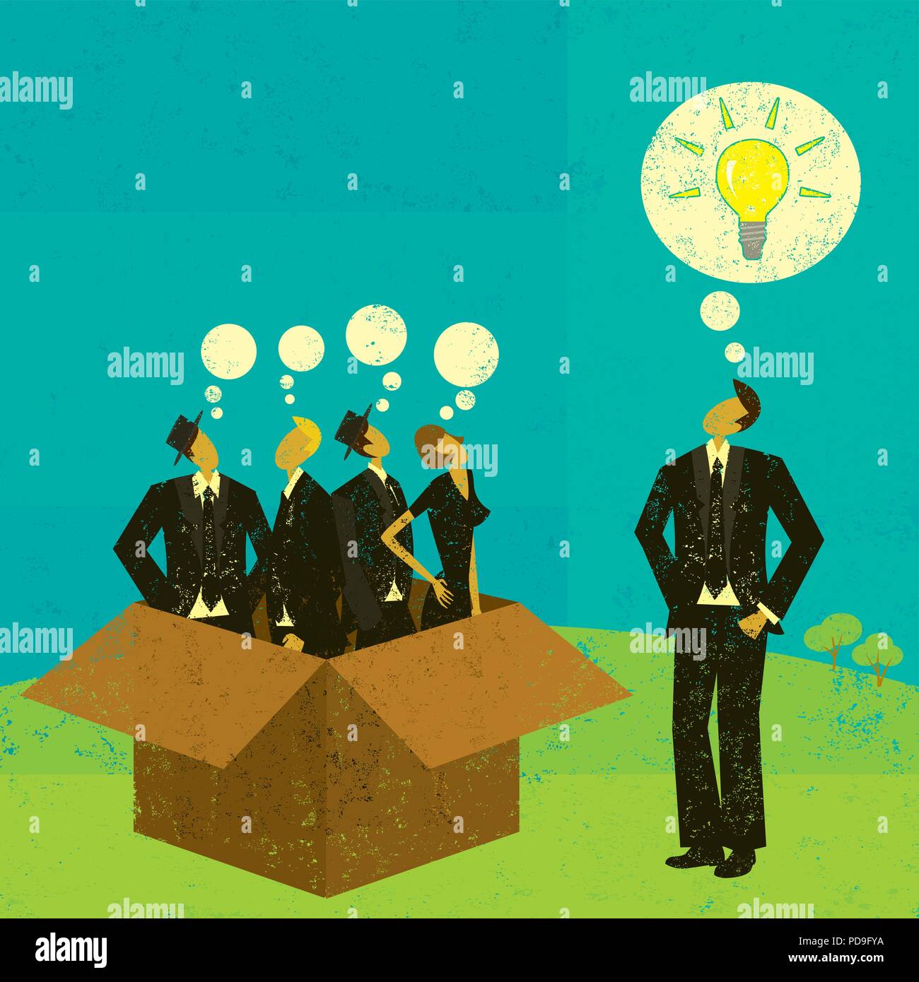 Thinking outside the box. Business people thinking in the box and one independent thinker coming up with an idea outside of the box. Stock Vector