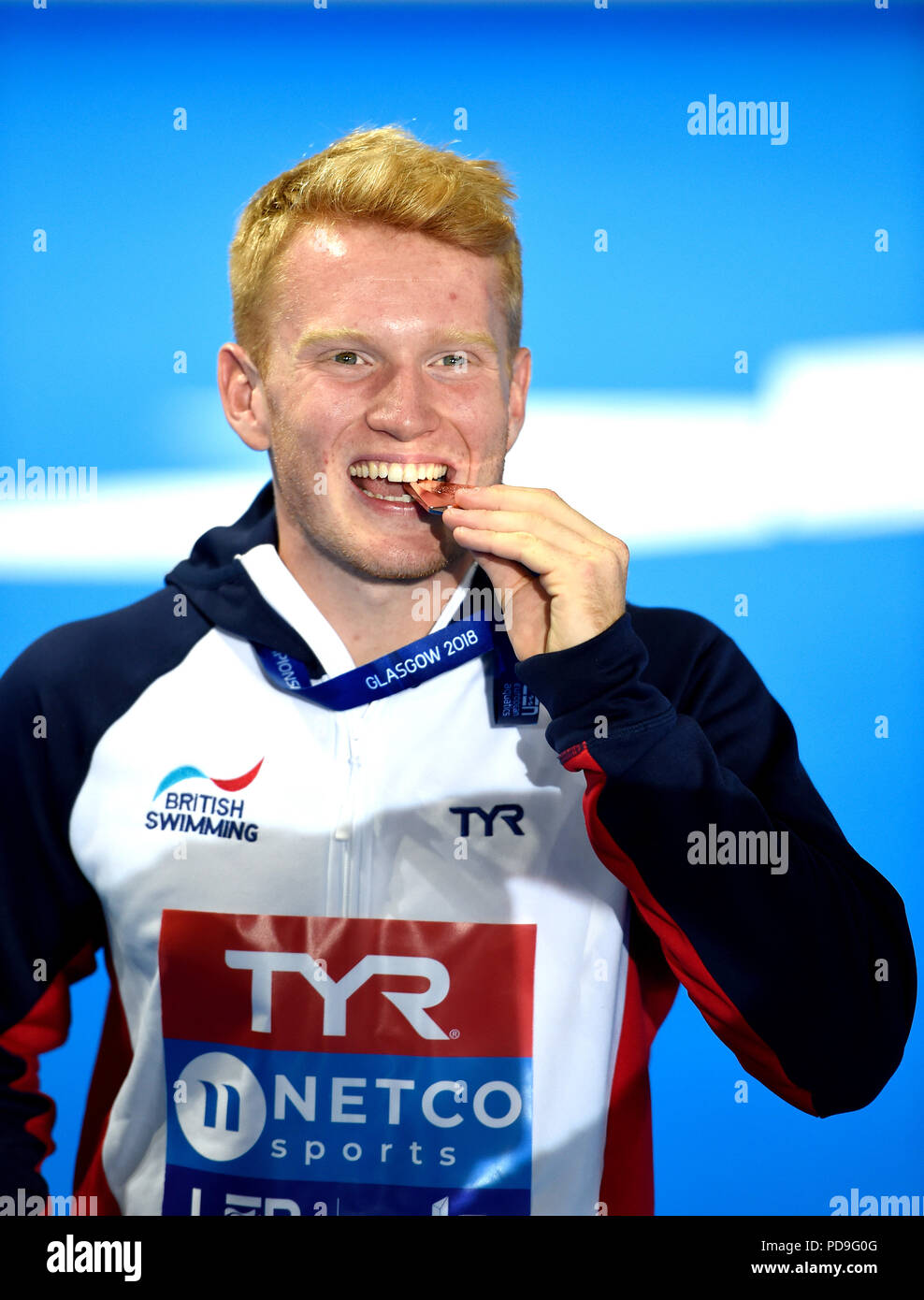 Great Britain's James Heatly celebrates with his bronze medal in the Men's 1m Springboard Final during day six of the 2018 European Championships at Scotstoun Sports Campus, Glasgow. Stock Photo