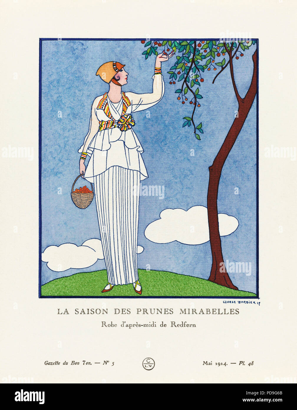 La Saison des Prunes Mirabelles.  The Mirabelle plum season. Robe d'après-midi de Redfern. Afternoon dress by Redfern. Art-deco fashion illustration by French artist George Barbier, 1882-1932.  The work was created for the Gazette du Bon Ton, a Parisian fashion magazine published between 1912-1915 and 1919-1925. Stock Photo