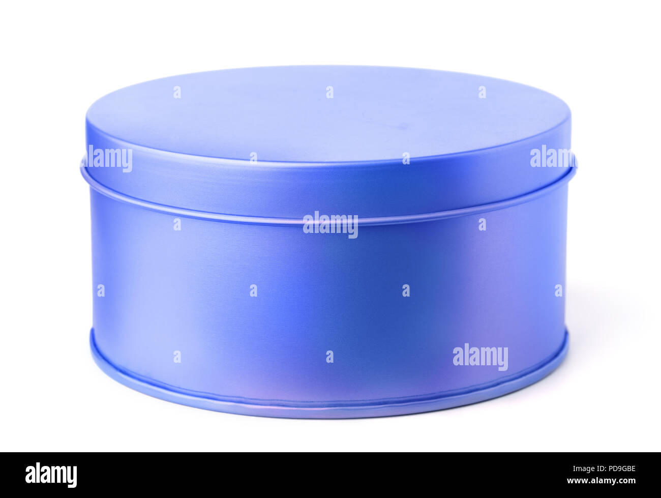 Blue round metal box isolated on a white Stock Photo